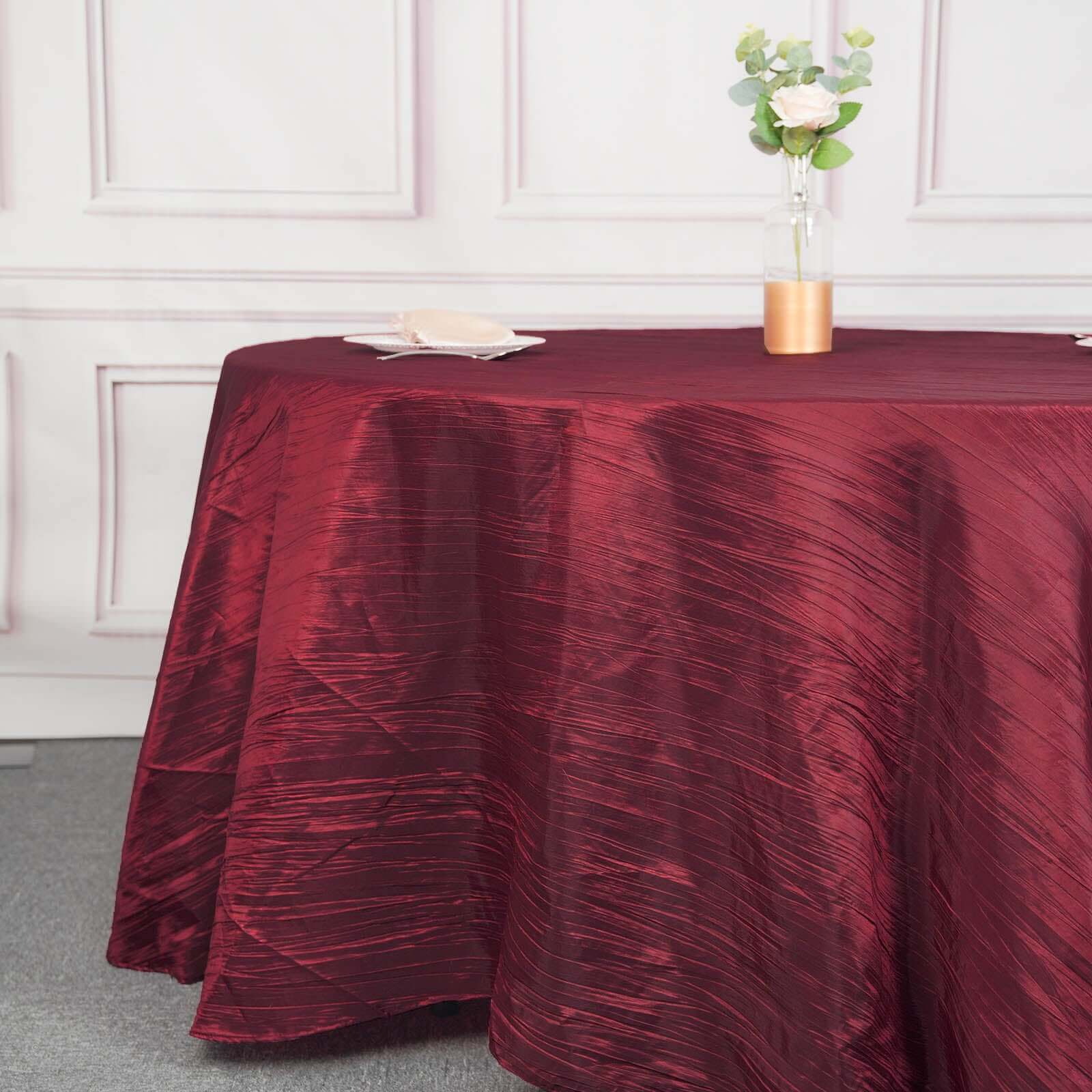 Taffeta 120" Round Tablecloth Burgundy - Seamless Accordion Crinkle Table Cover