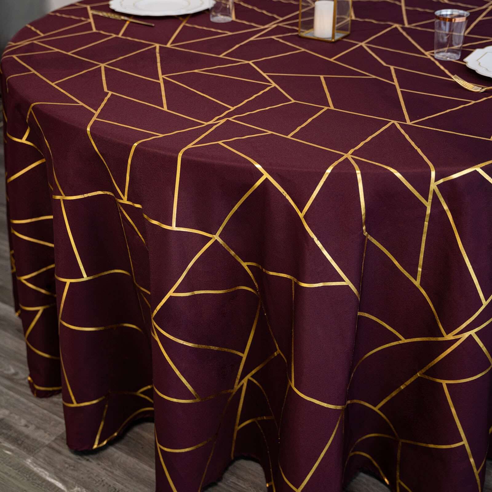 120" Burgundy Seamless Round Polyester Tablecloth With Gold Foil Geometric Pattern for 5 Foot Table With Floor-Length Drop