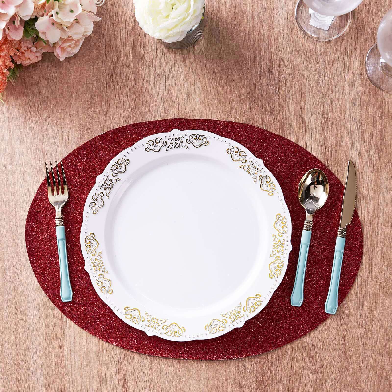 6-Pack Placemats Glitter Design Burgundy Sparkle Oval - Non-Slip Decorative Table Mats for Dining 12"x18"