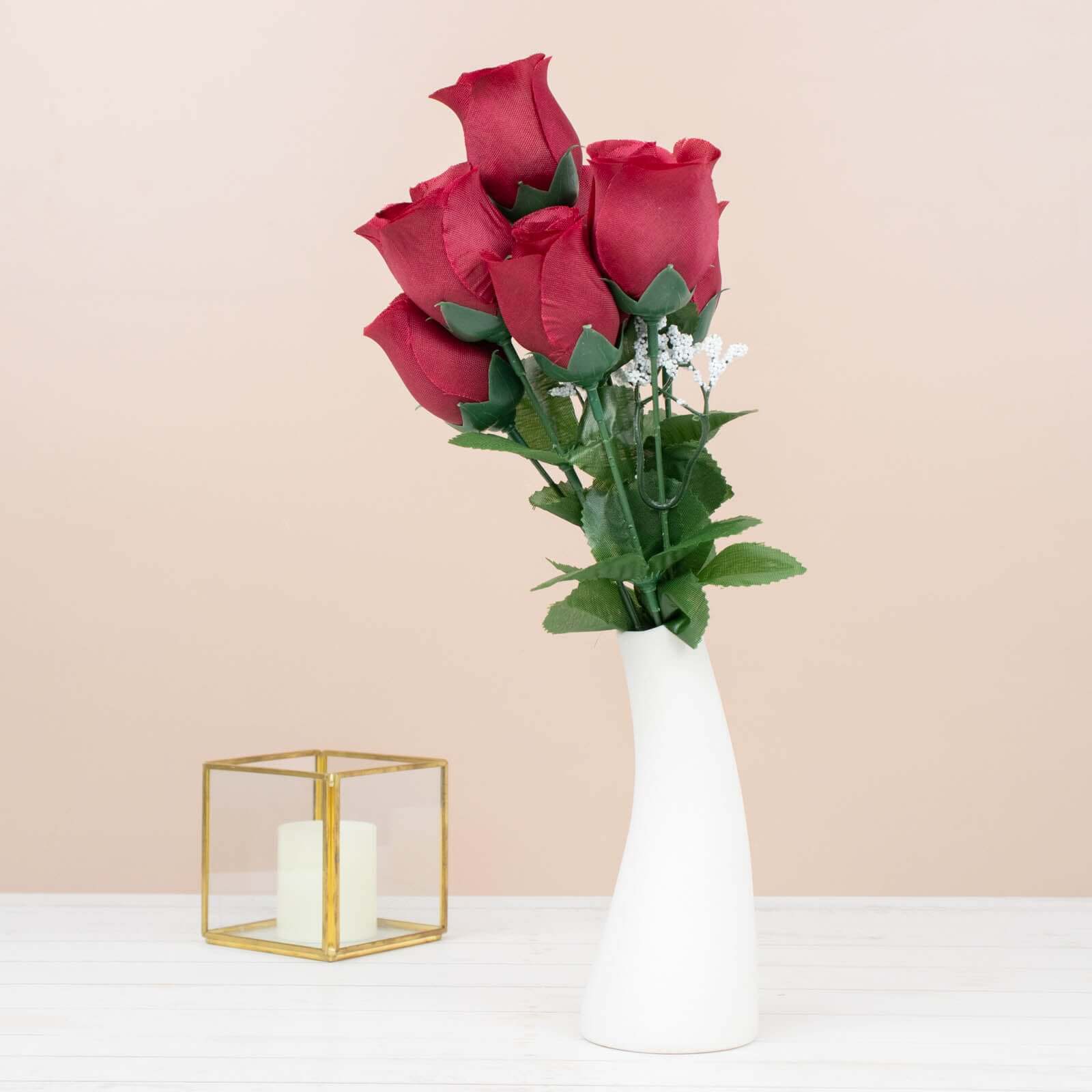 12 Bushes Burgundy Artificial Premium Silk Flower Rose Bud Bouquets