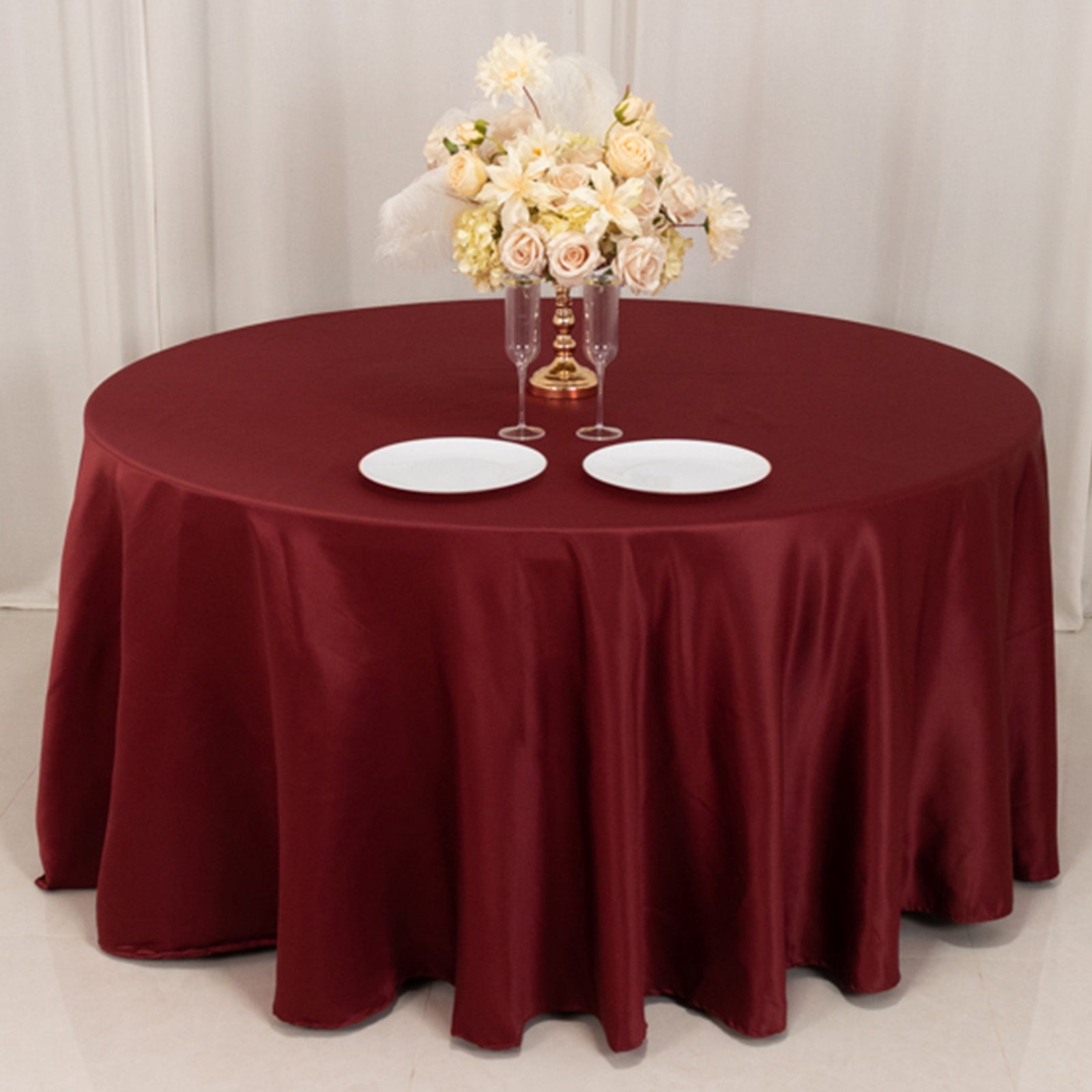 Lamour Satin 120" Round Tablecloth Burgundy - Seamless Table Cover with Soft Tempered Sheen