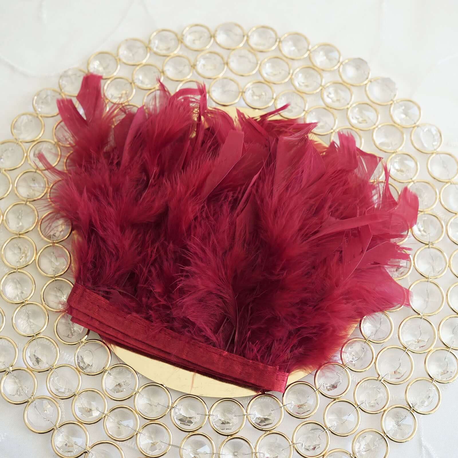 39" Burgundy Real Turkey Feather Fringe Trim With Satin Ribbon Tape