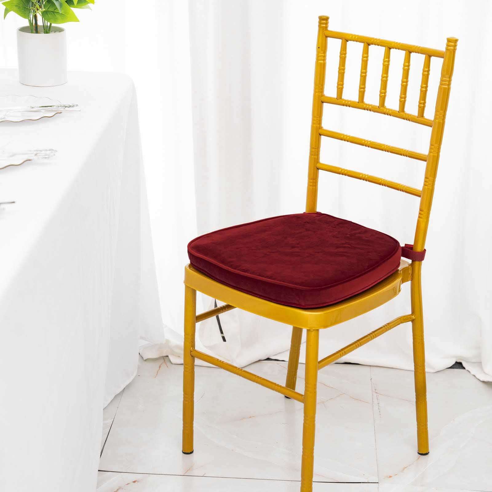 2" Thick Burgundy Velvet Chiavari Chair Pad, Memory Foam Seat Cushion With Ties and Removable Cover