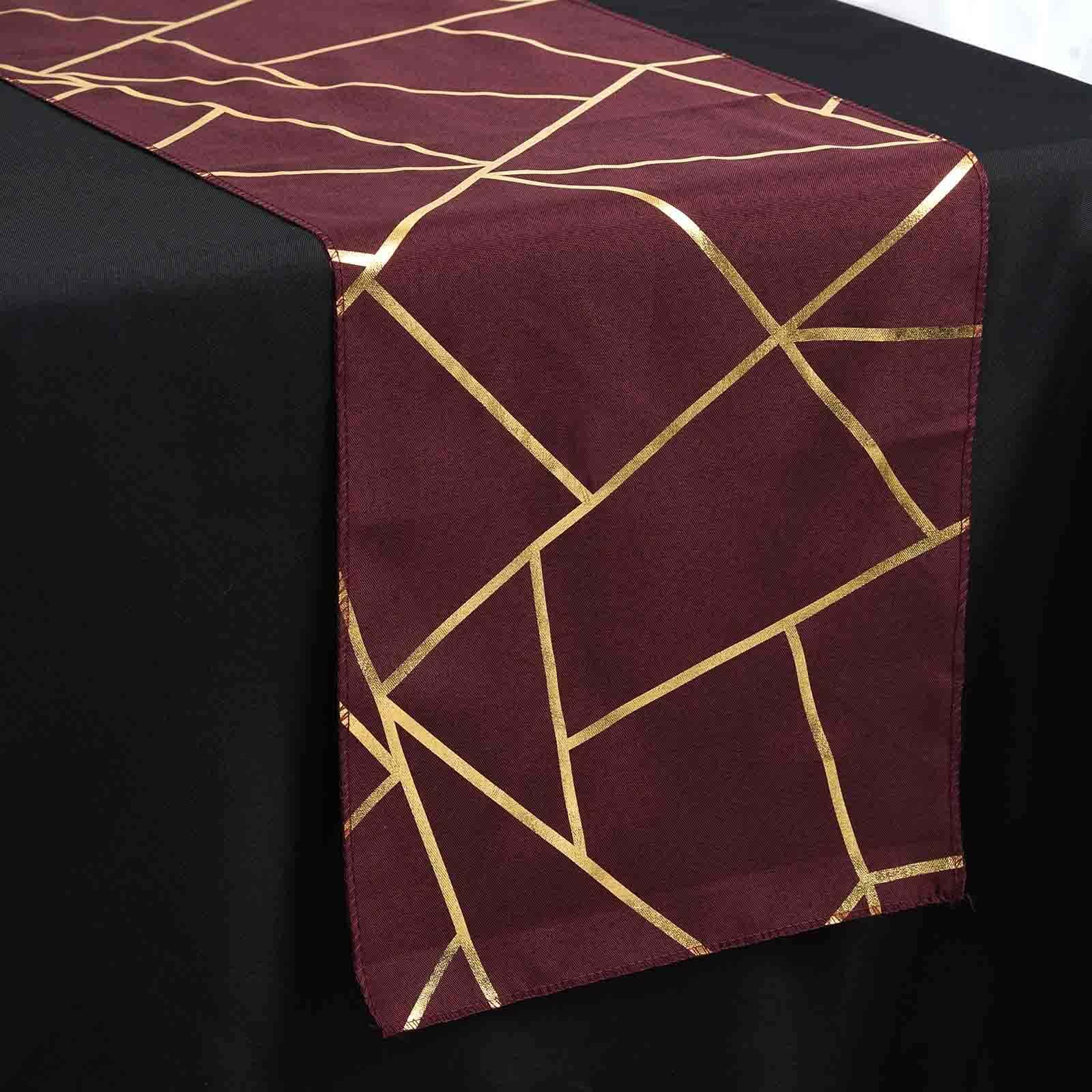 Polyester 9ft Table Runner Burgundy with Gold Foil Modern Geometric Accent