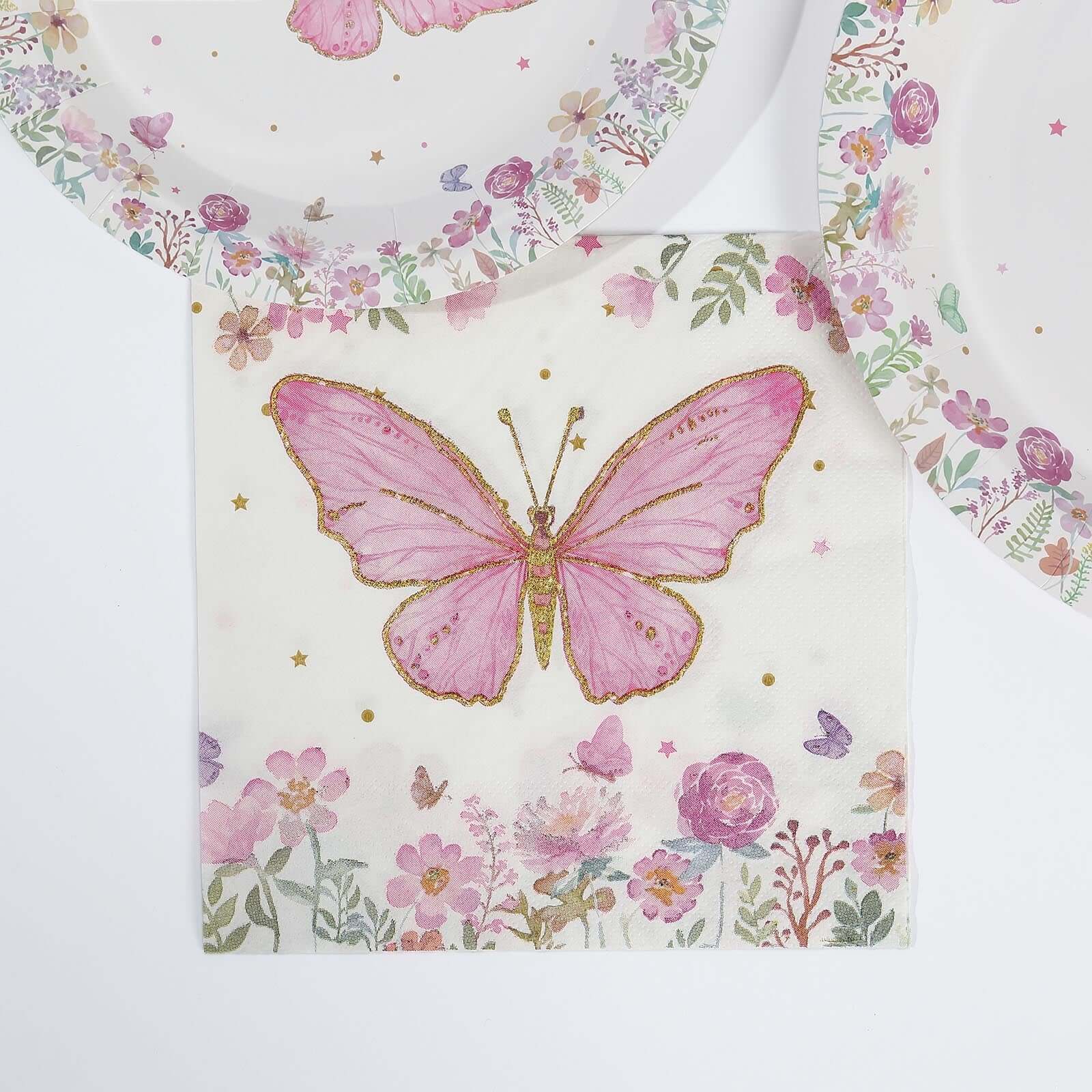 96 Pcs Paper Dinnerware Set with Butterfly Print White/Pink - Disposable Tableware Set with Plates, Cups, and Napkins
