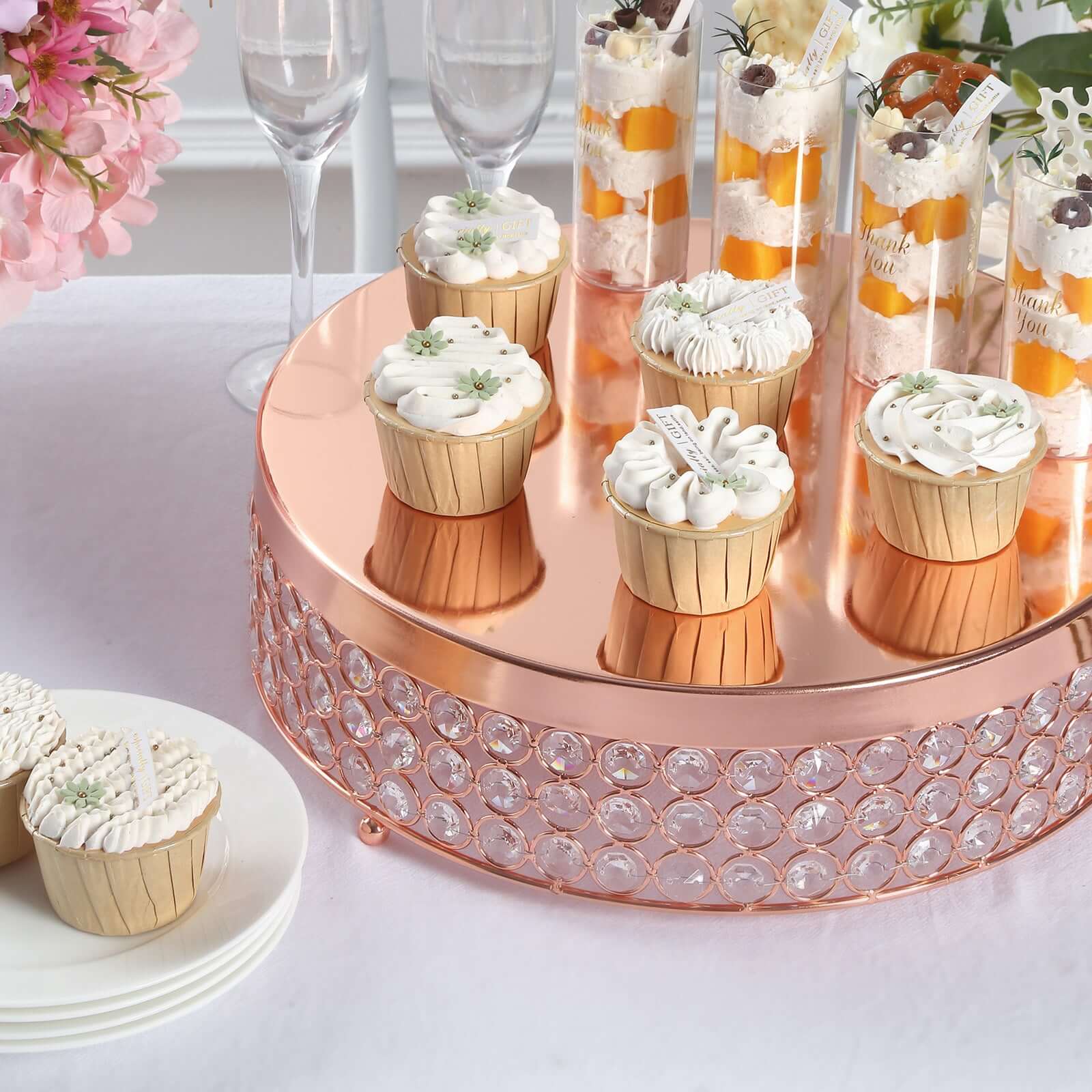 Metal Cake Stand Pedestal Crystal Beaded Design Rose Gold - Cupcake Display and Dessert Riser 13"