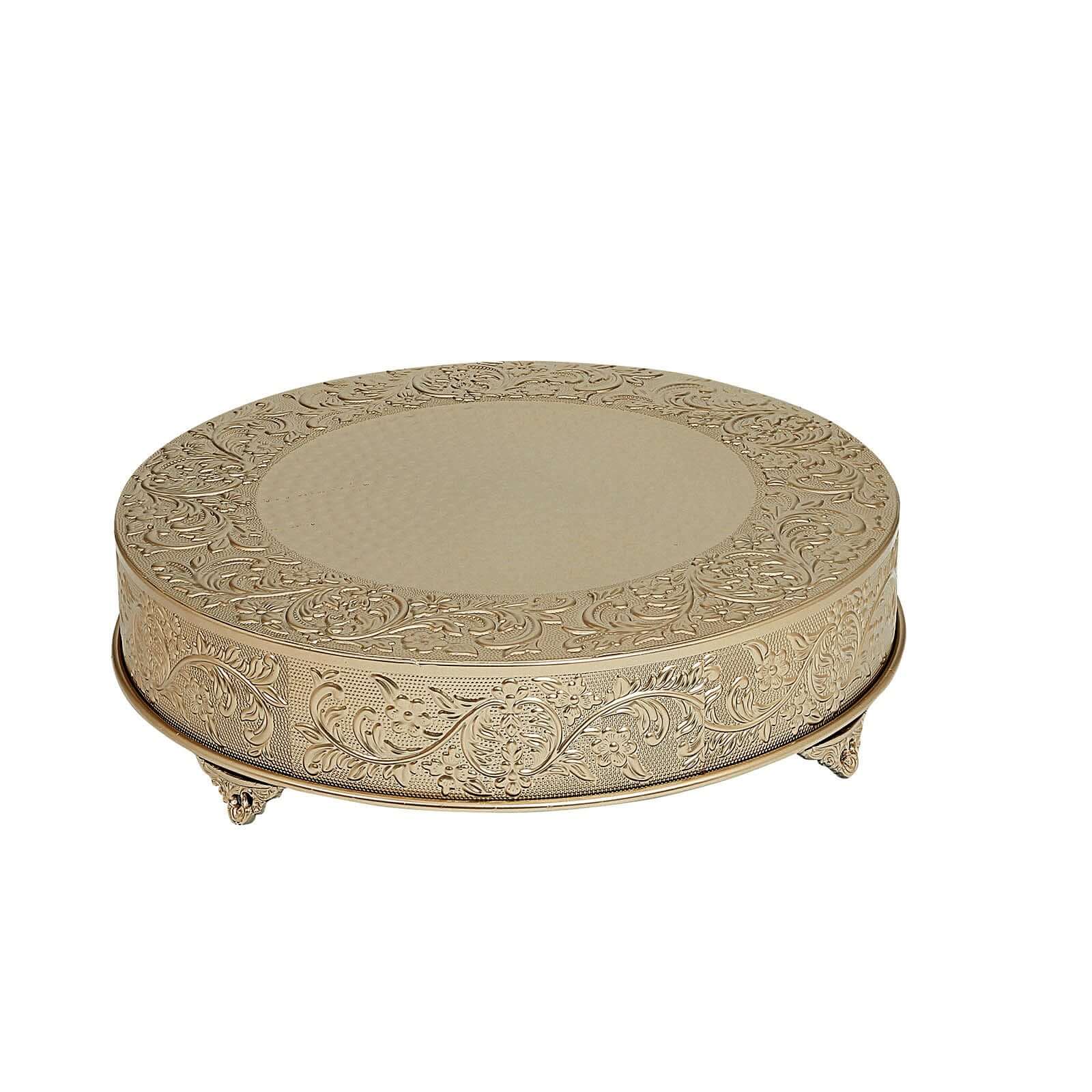 Metal 22" Round Cake Pedestal Stand Matte Gold - Cupcake Dessert Display Riser with Intricate Embossed Design for Upscale Events & Gatherings
