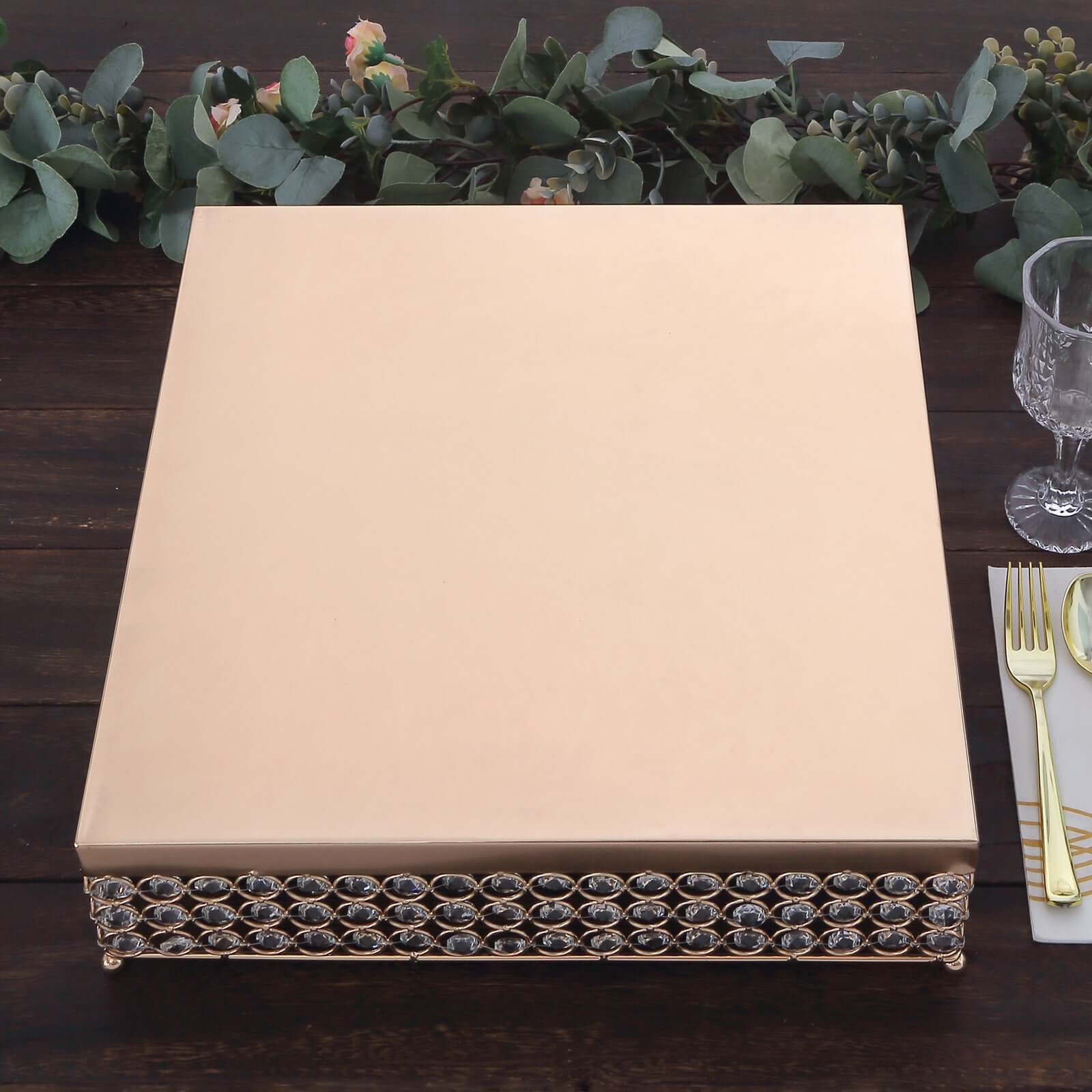 Metal Cake Stand Square Design with Crystal Beads Gold - Dessert Pedestal for Events 16"