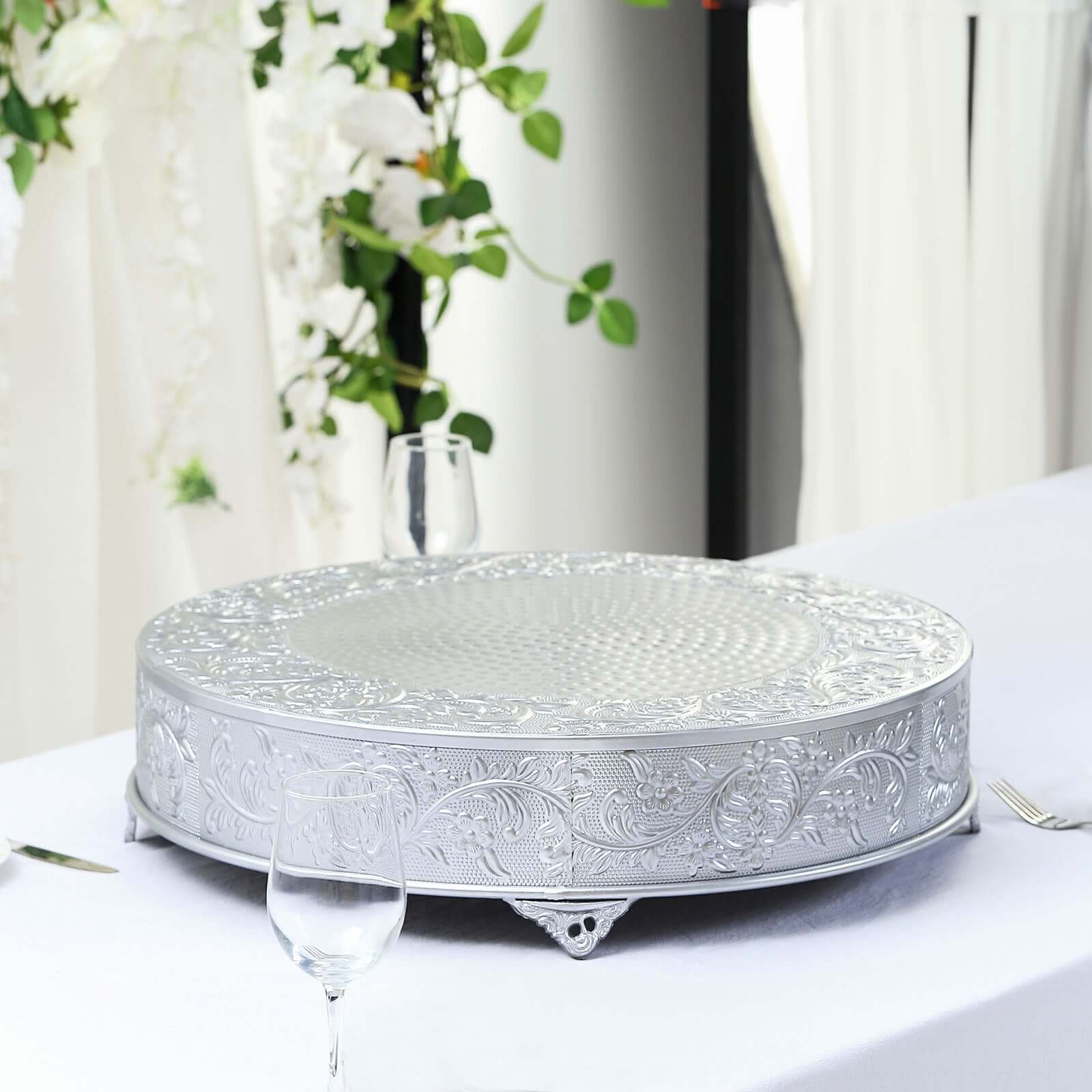 Metal 22" Round Cake Pedestal Stand Matte Silver - Cupcake Dessert Display Riser with Intricate Embossed Design for Upscale Events & Gatherings