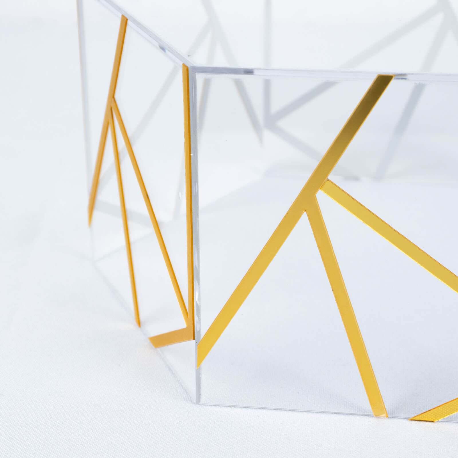 Acrylic Cake Stand Pedestal Riser Box Hexagonal Design Clear and Gold 10"x5" - Decorative Event Display