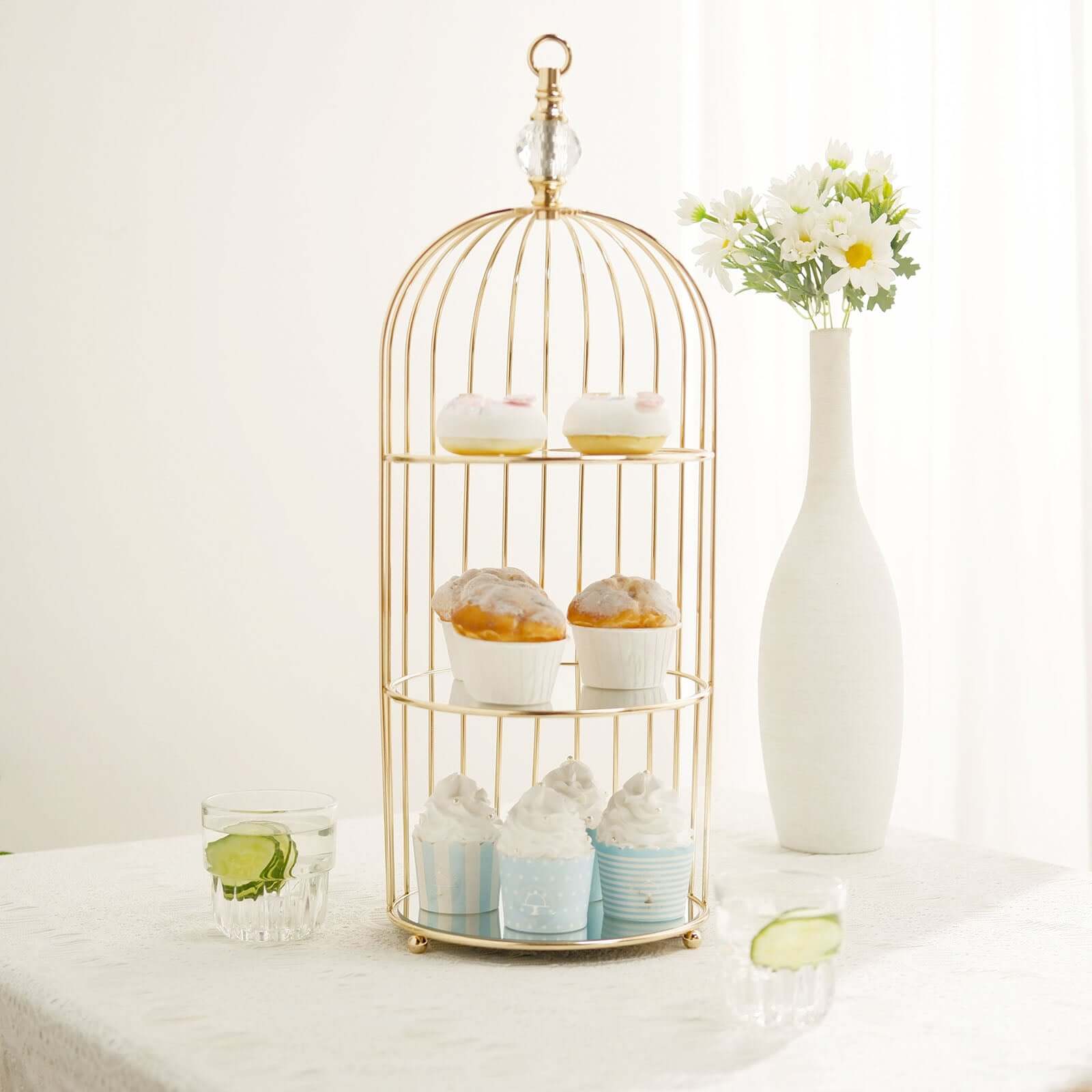 3-Tier Cupcake Cake Stand Bird Cage Design with Crystal Top Mirror Base - Serving Tray with Hanging Option 22"