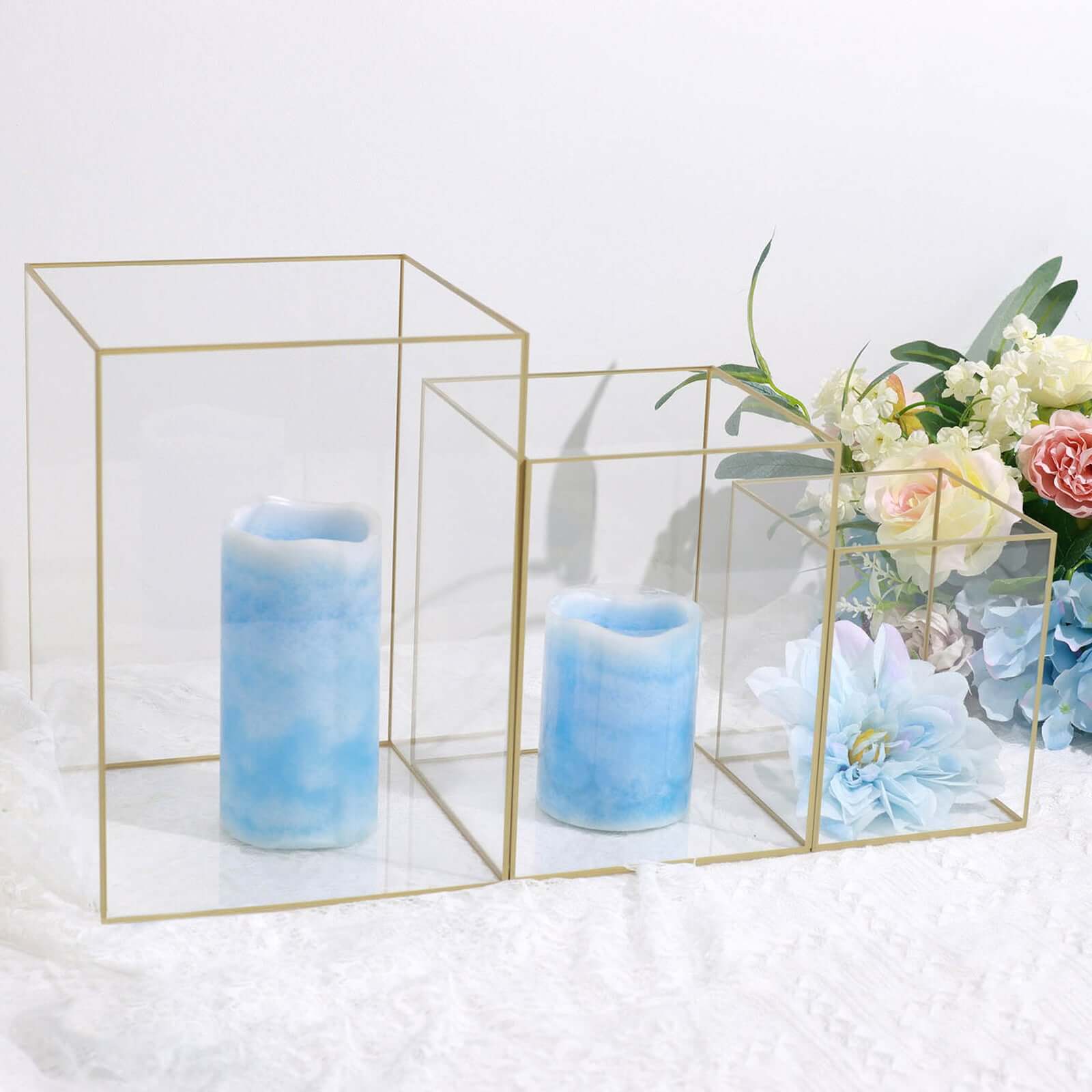 Set of 3 Candle Holders Acrylic Flower Display Boxes with Gold Rims Clear - Decorative Pillar Centerpieces 6", 8", 10"