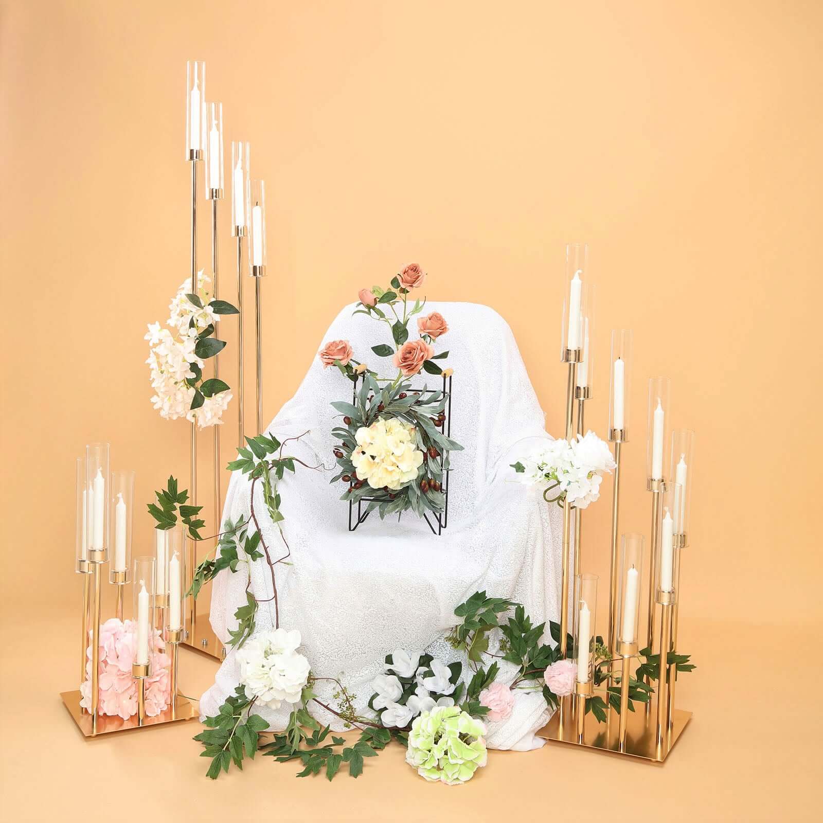 8 Arm Cluster Taper Candle Holder Gold - Stunning Large Candle Arragement With Clear Glass Shades for Grand Banquets & Celebrations 42"