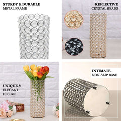 Full Crystal Beaded Candle Holder Shiny Metallic Silver Metal - Stylish Pillar Stand for Weddings 16"