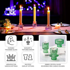 Set of 6 Glass Taper Candle Holders Ribbed Crystal Design Hunter Emerald Green - Reversible Mini Votive Tealight Stands 3"