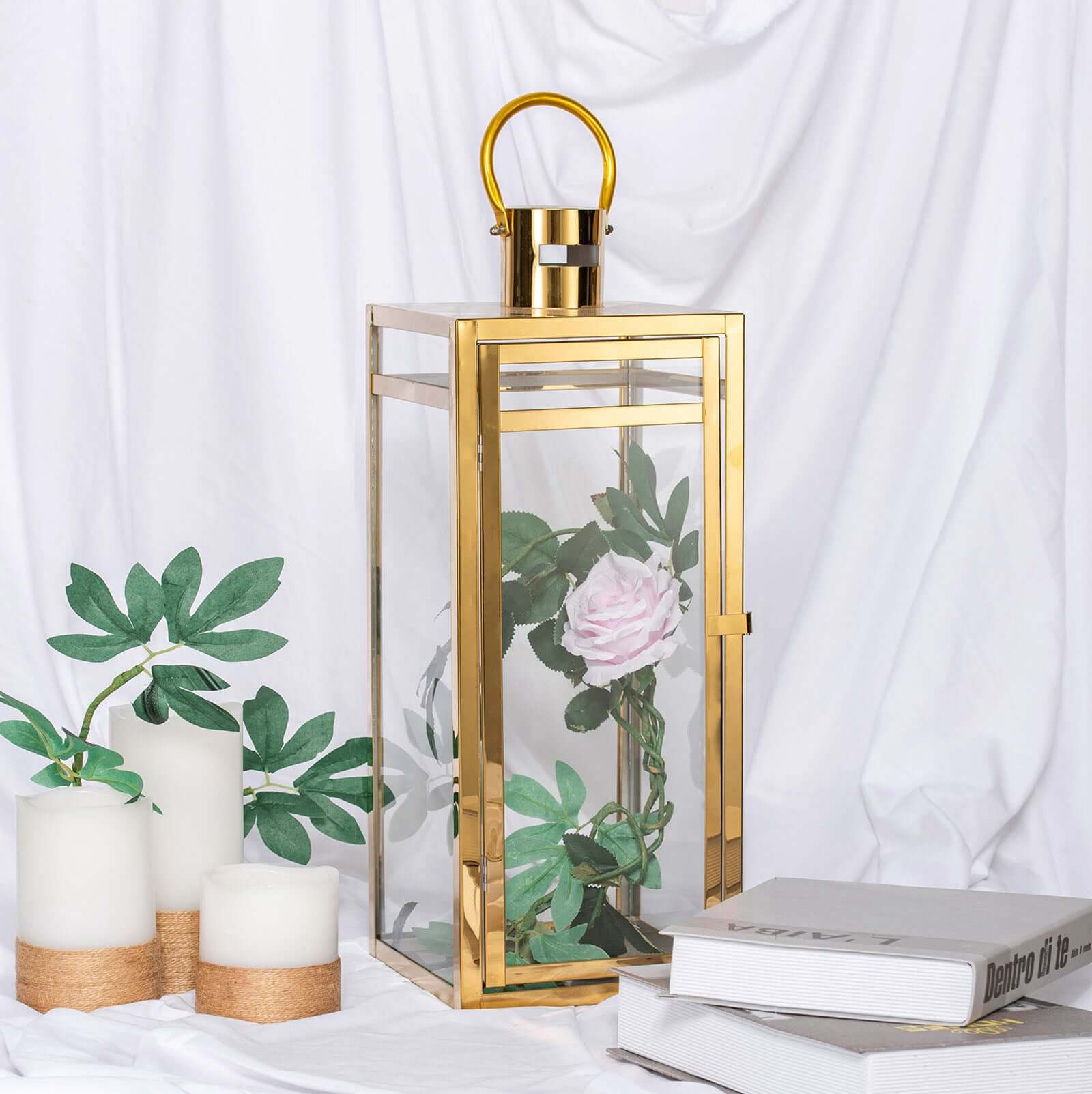 Stainless Steel Candle Lantern Vintage Top Design Gold - Outdoor Metal Patio Lantern Centerpiece 22"