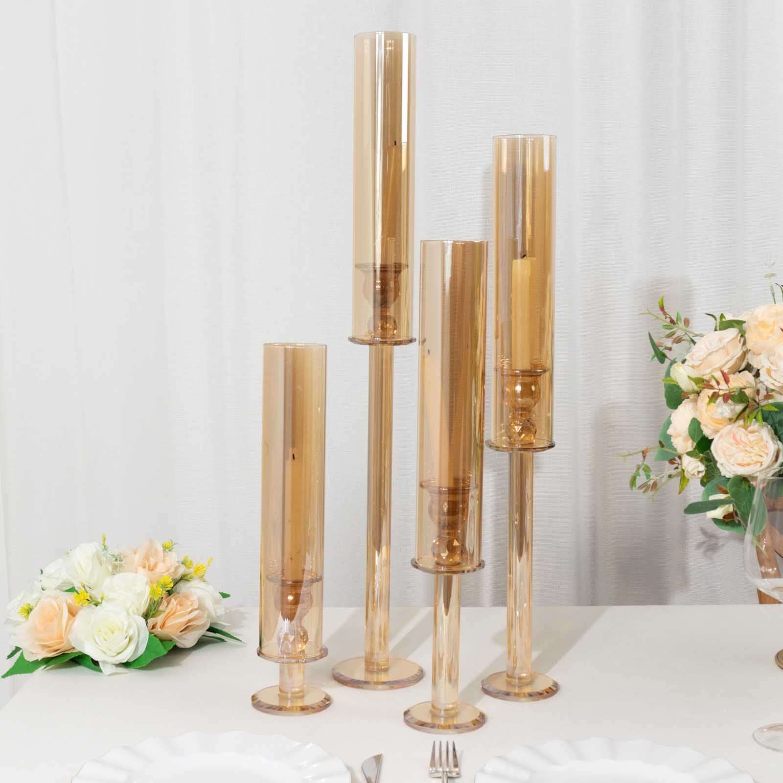 Set of 4 Crystal Glass Hurricane Taper Candle Holders, Decorative Tall Candle Stands Gold Cylinder Chimney Tubes 14", 18", 22", 26"