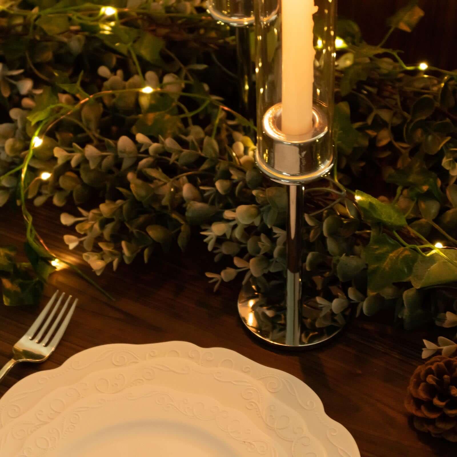 2-Pack Silver Metal Taper Candlestick Holders, Clear Glass Hurricane Candle Stands With Chimney Candle Shades 16"