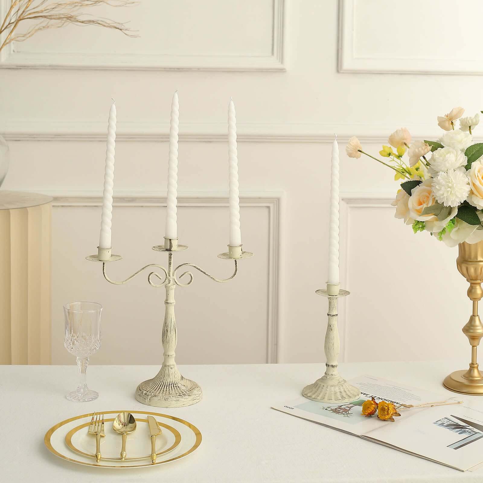 12-Pack Taper Candles Spiral Long Burn Wick Design White - Premium Unscented Wax Dinner Candle Sticks 11"