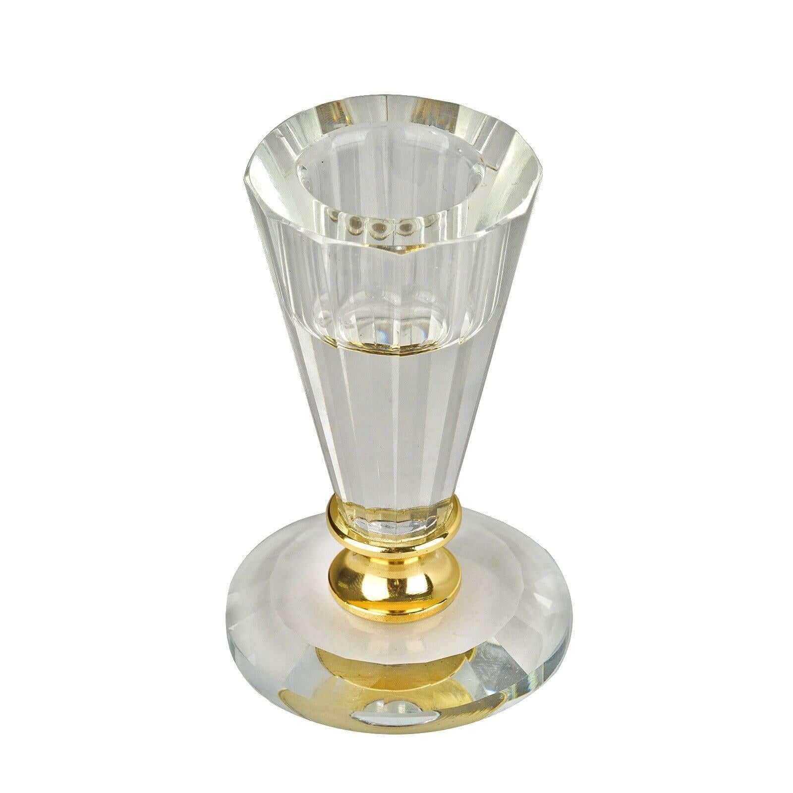 3" Tall Gemcut Premium Crystal Glass Taper Candlestick Holder Stand With Gold Metal Stem