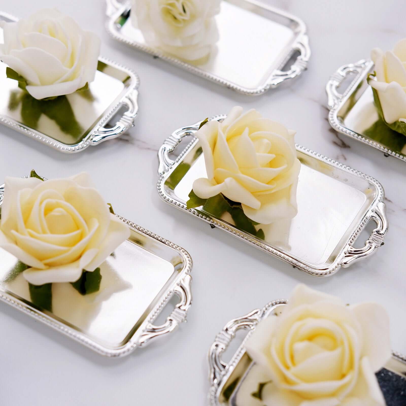 12-Pack Display Trays Party Favor Rectangular Design Silver - Mini Serving Platters for Candy and Desserts 4"