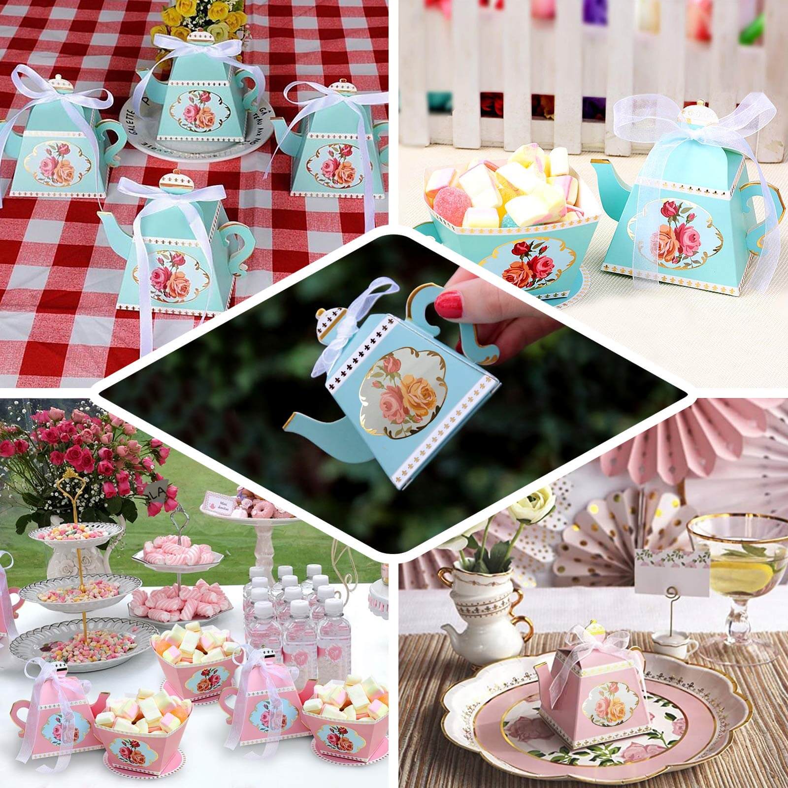 25 Pack 4" Ivory Mini Teapot Favor Boxes, Vintage Rose Gift Boxes with Ribbons