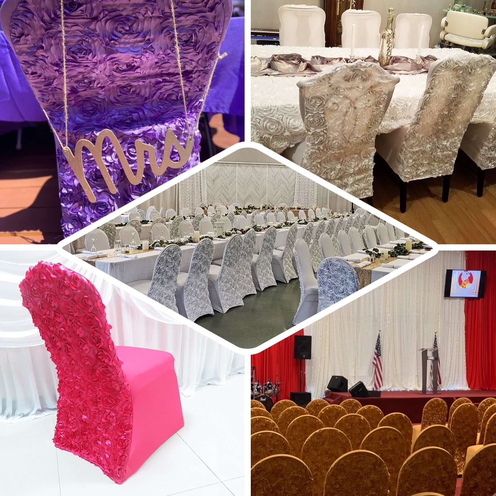 Satin Rosette Chair Cover for Banquet Chairs White - Stylish Stretch Fitted Slip-On Design for Sophisticated Gatherings