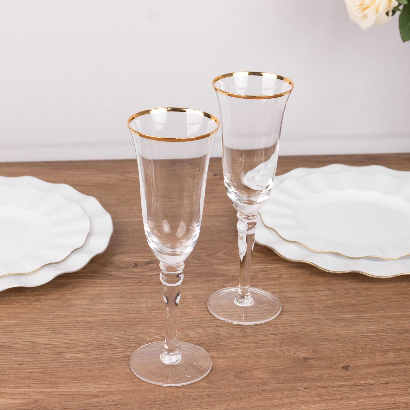 6-Pack Champagne Flute Glasses Clear Gold Rimmed Design with Long Beaded Stem - Chic Crystal Glassware for Wine & Events 6oz 8.5"