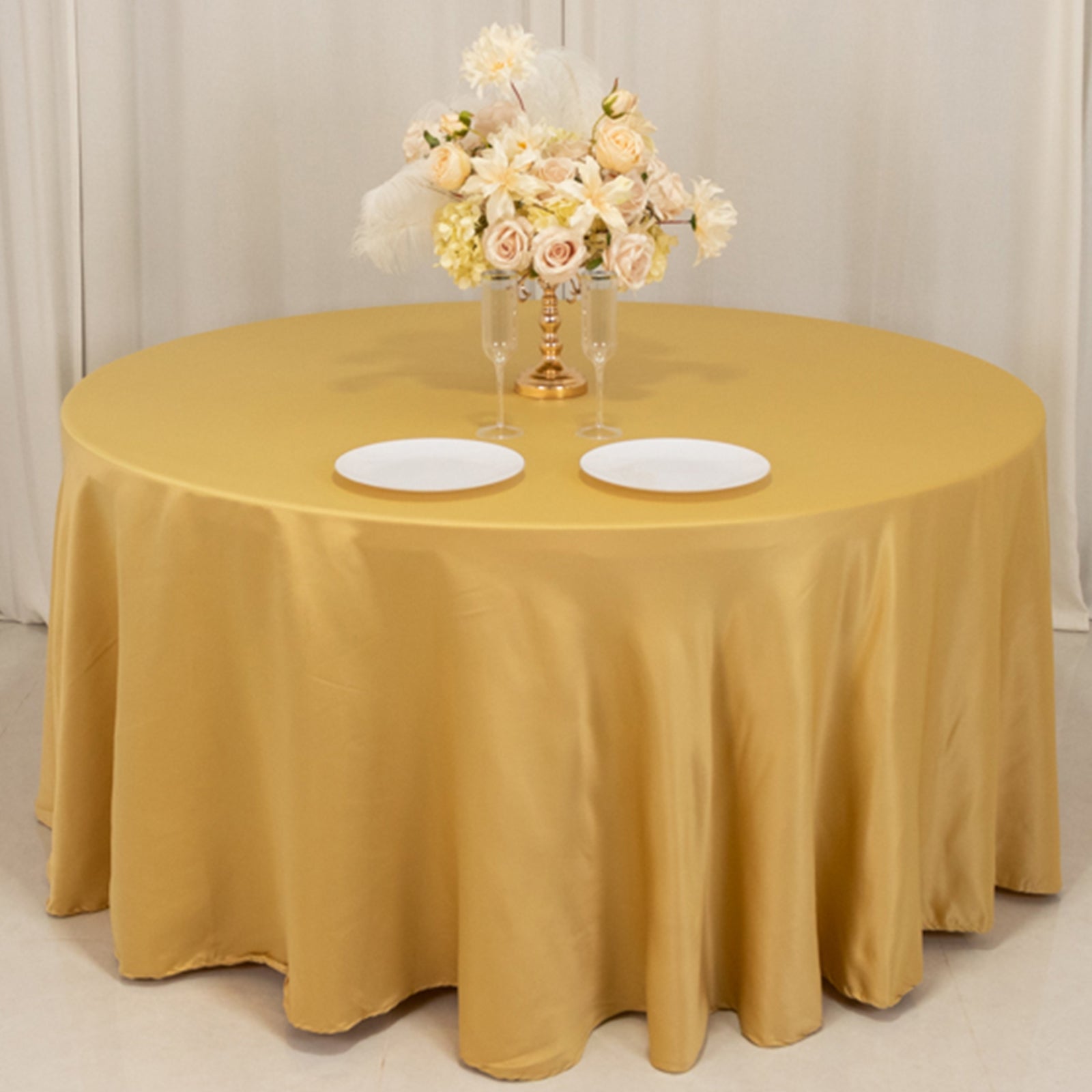Lamour Satin 120" Round Tablecloth Champagne - Seamless Table Cover with Soft Tempered Sheen
