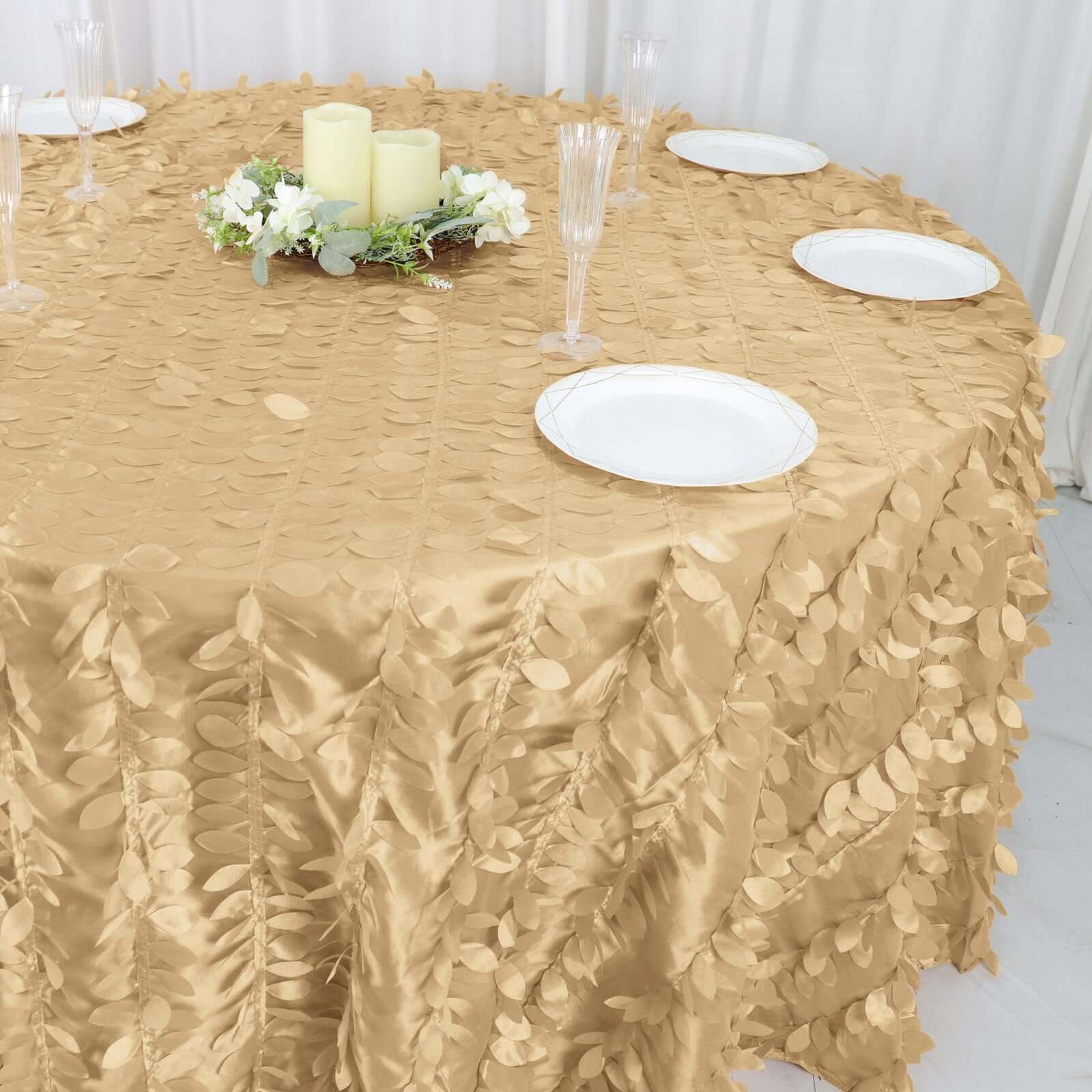 Taffeta 132" Round Tablecloth Champagne Leaf | 3D Leaf Petal Design Seamless Table Cover