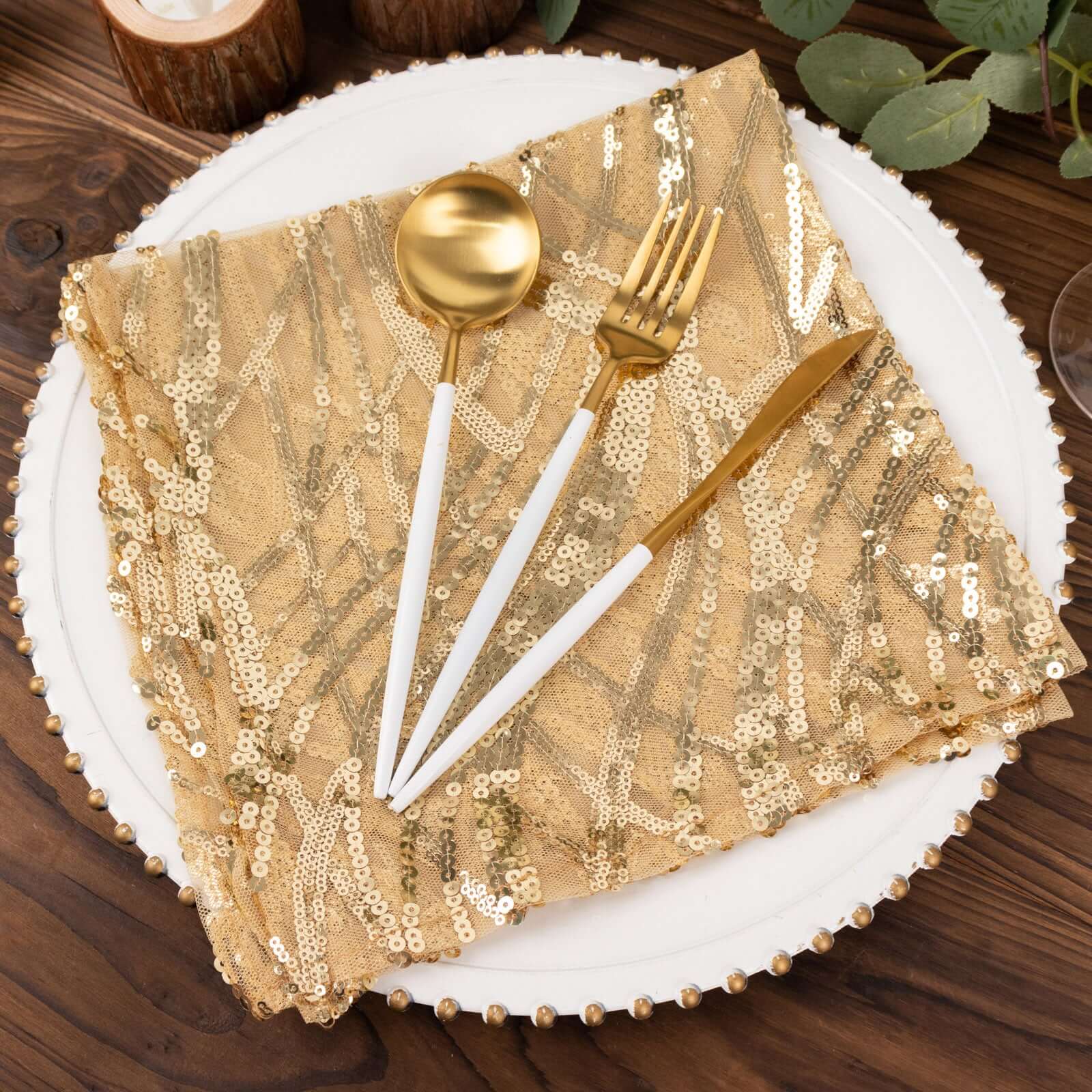 Sequin Mesh 20"x20" Napkin Champagne - Wave Embroidered Reusable Napkin