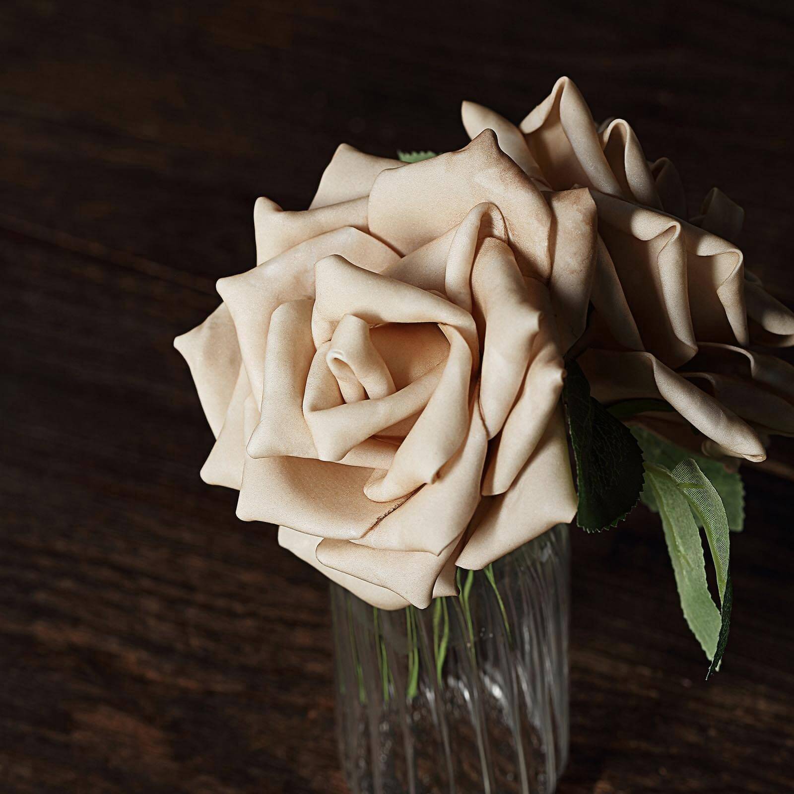 24 Roses 5" Champagne Artificial Foam Flowers With Stem Wire and Leaves