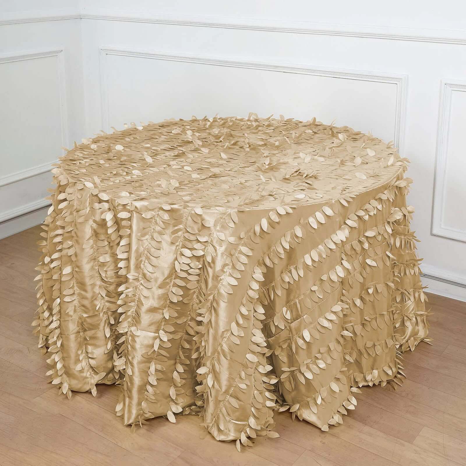 Taffeta 120" Round Tablecloth Champagne 3D | 3D Leaf Petal Design Seamless Table Cover