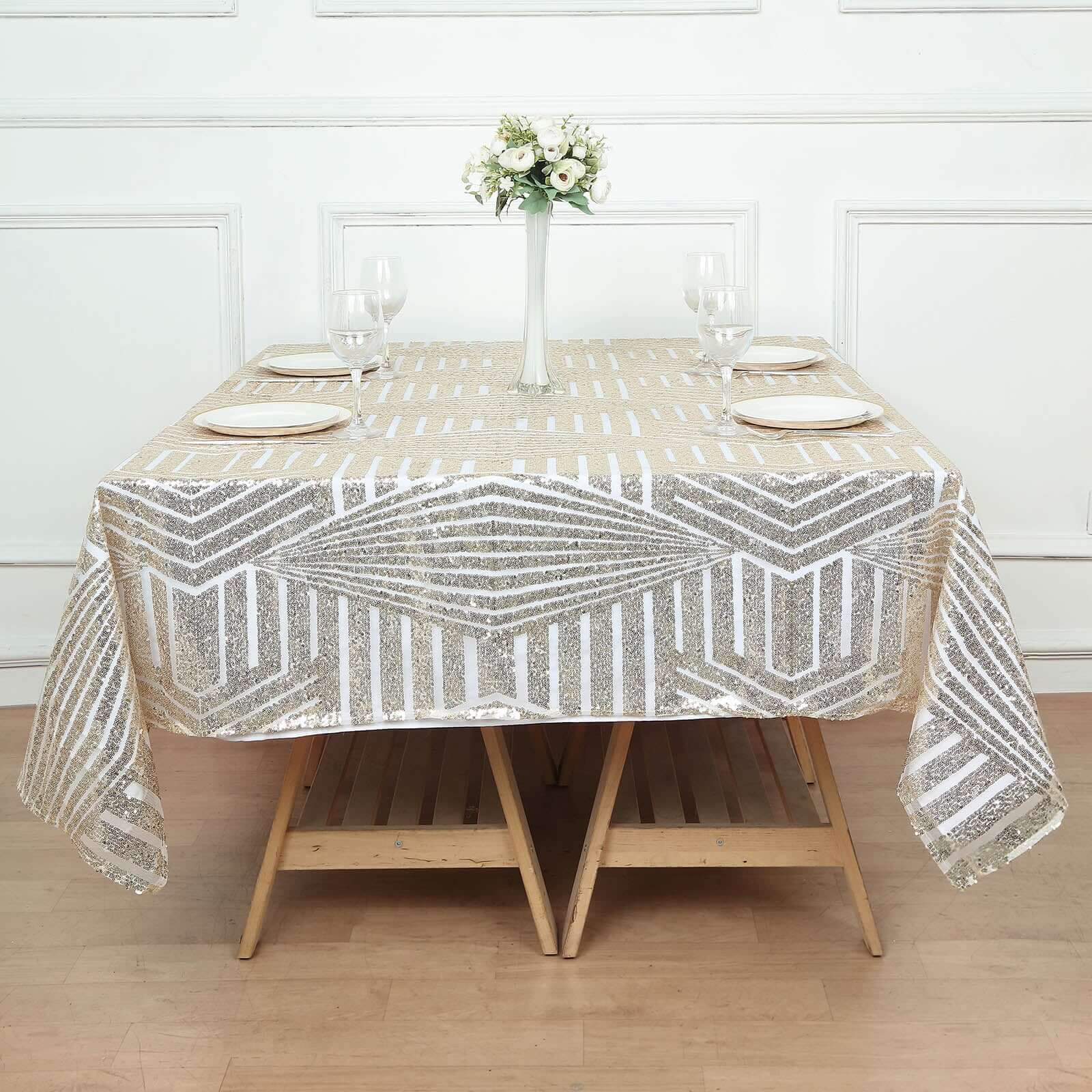 Sequin 72" Table Overlay Square Tablecloth Champagne - Diamond Glitz Table Cover