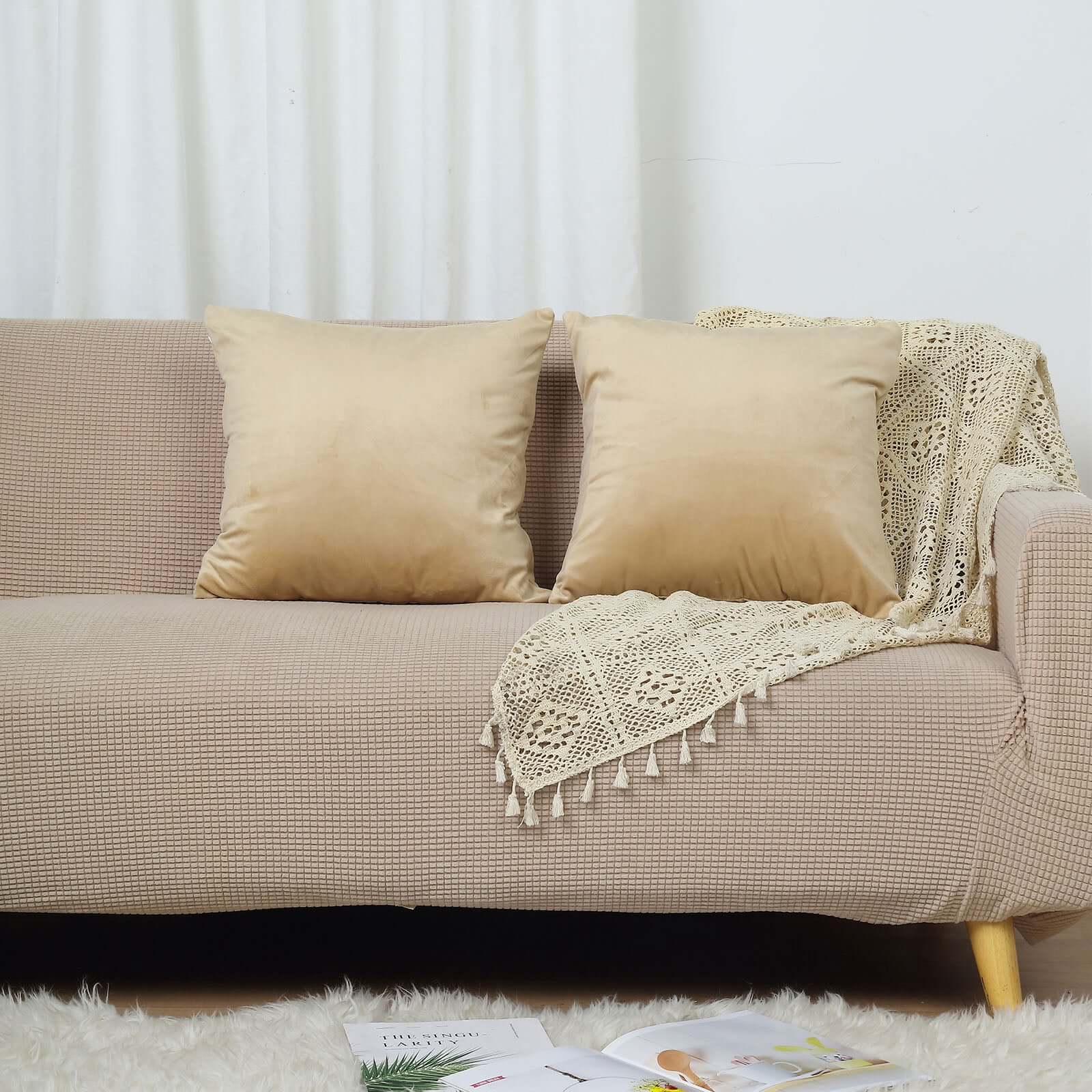 2 Pack 18" Champagne Soft Velvet Square Throw Pillow Cover