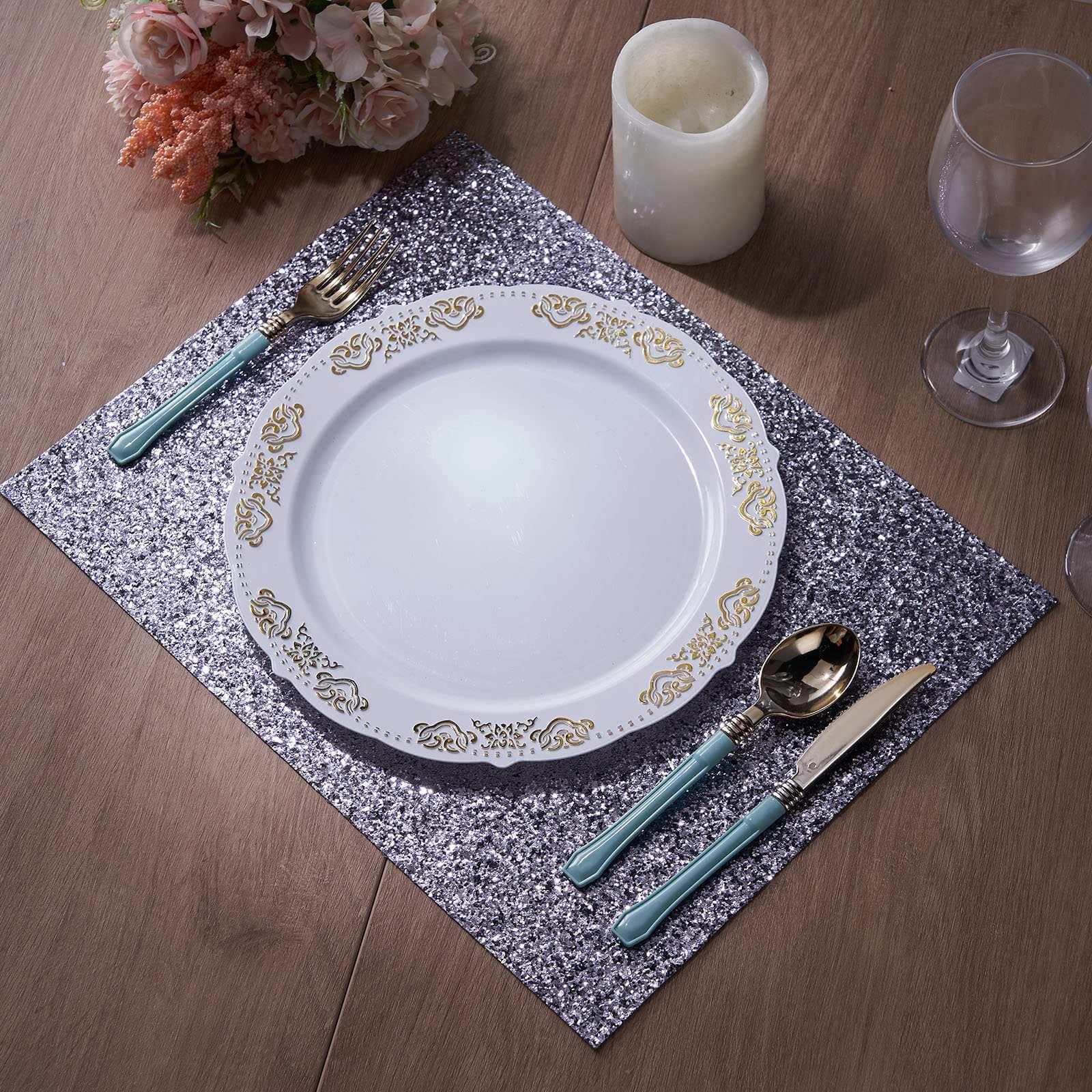 6-Pack Placemats Glitter Design Charcoal Gray Sparkle Rectangle - Non-Slip Decorative Dining Table Mats 12"x18"