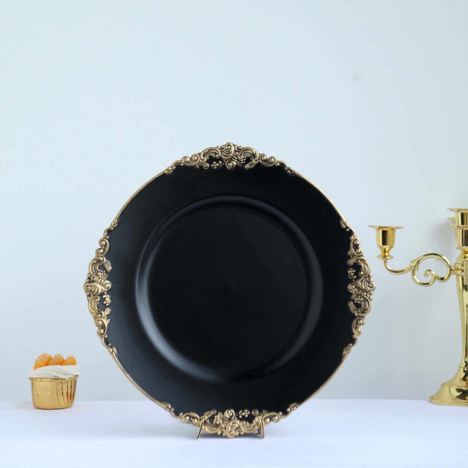 6-Pack Acrylic Round Charger Plates 13" in Matte Black with Gold Embossed Baroque Rim, Antique Decorative Dinner Party Charger Tableware