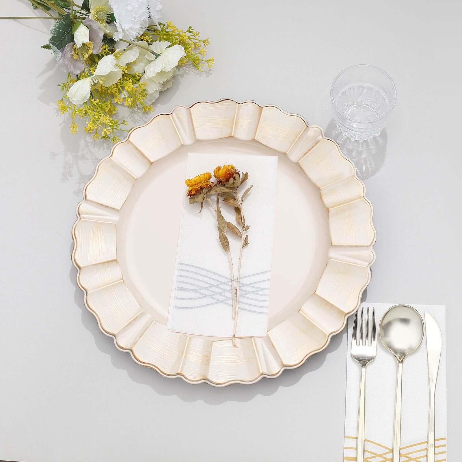 6-Pack Acrylic Plastic Round Charger Plates 13" in Beige with Gold Brushed Wavy Scalloped Rim, Decorative Dinner Party Charger Tableware