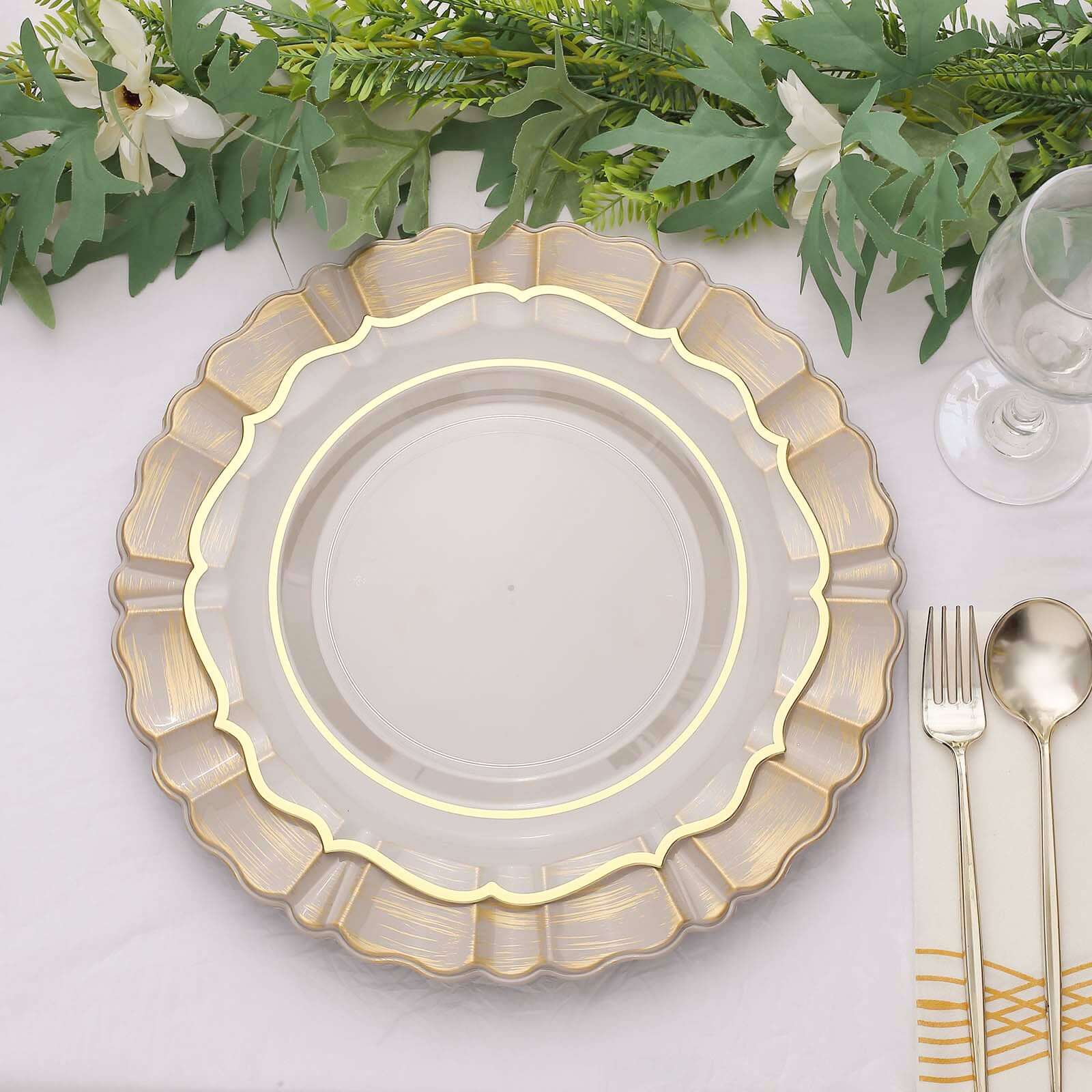 6-Pack Acrylic Plastic Round Charger Plates 13" in Nude Taupe with Gold Brushed Wavy Scalloped Rim, Decorative Dinner Party Charger Tableware