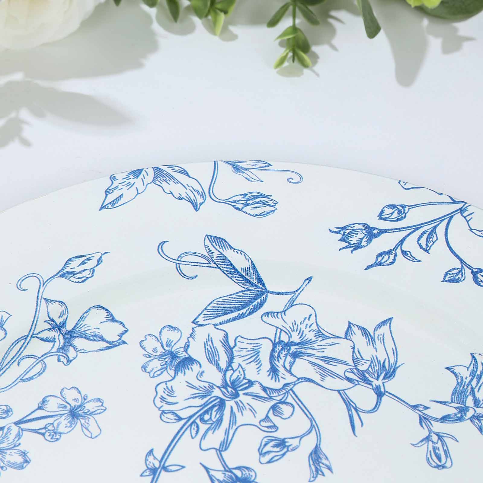 6-Pack Acrylic Round Charger Plates 13" in White with Light Blue Floral French Toile Pattern, Decorative Dinner Party Charger Tableware