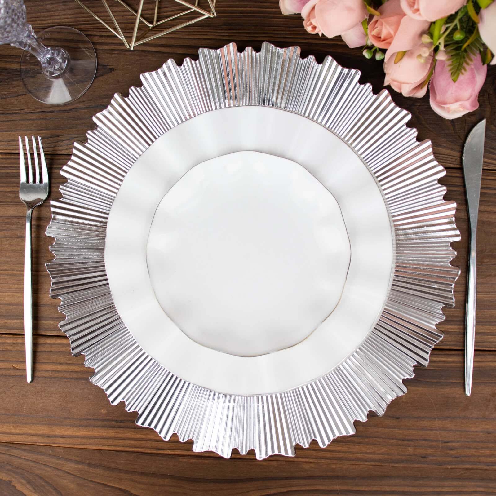 6-Pack Acrylic Plastic Round Charger Plates 13" in Metallic Silver with Sunray Scalloped Rim, Decorative Dinner Party Charger Tableware