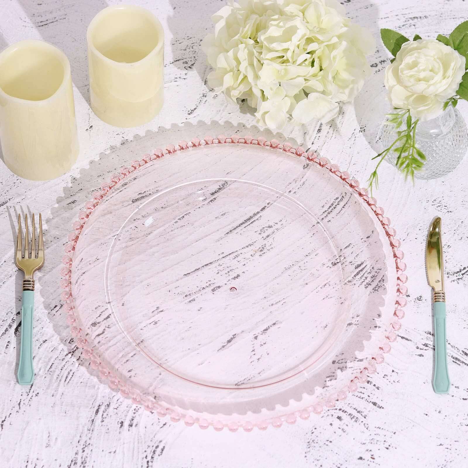 6-Pack Acrylic Round Charger Plates 13" in Transparent Blush with Beaded Rim, Decorative Dinner Party Serving Plates