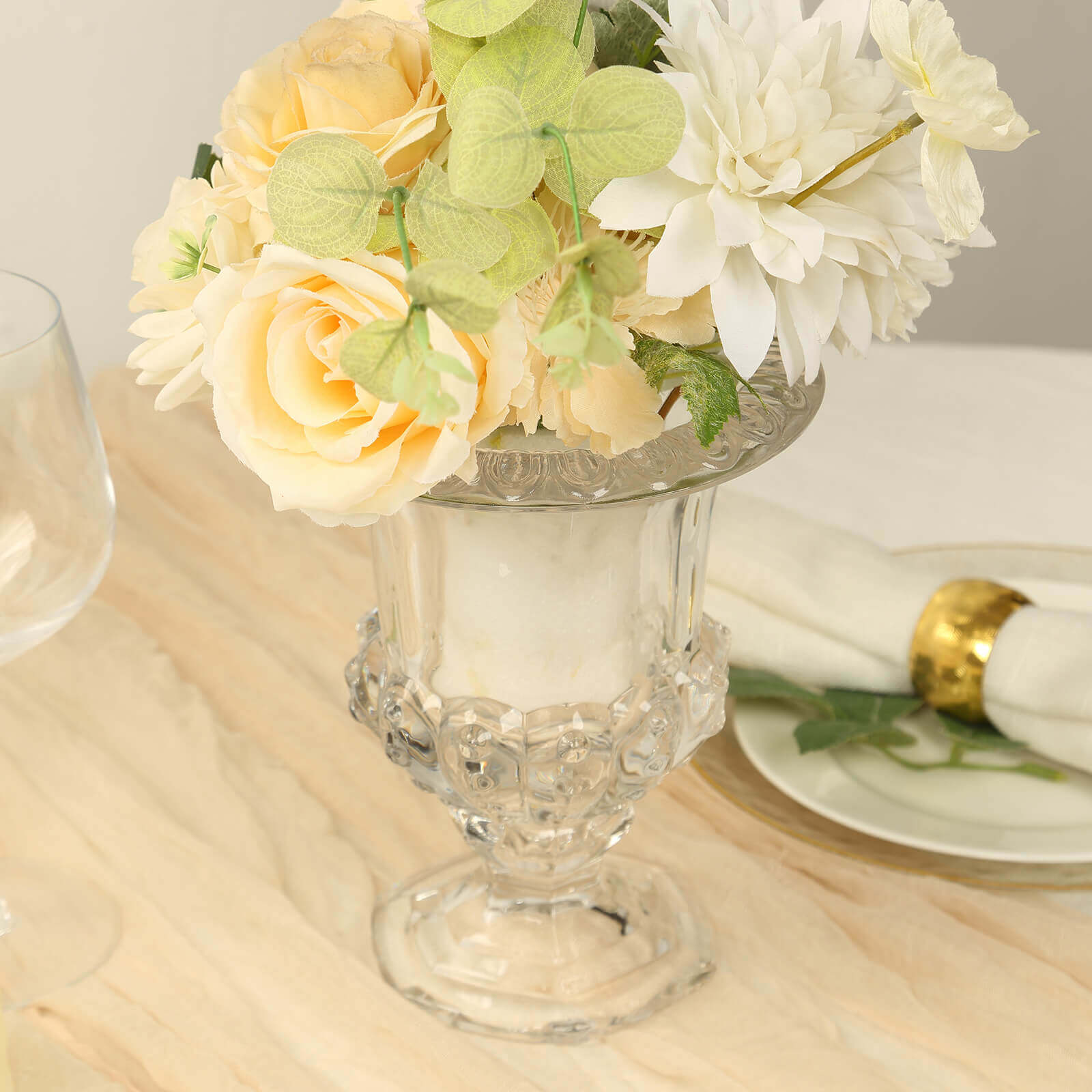2-Pack Glass Mini Pedestal Flower Vases in Classic Roman Urn Style Clear - Sophisticated Wedding Table Centerpieces 8"