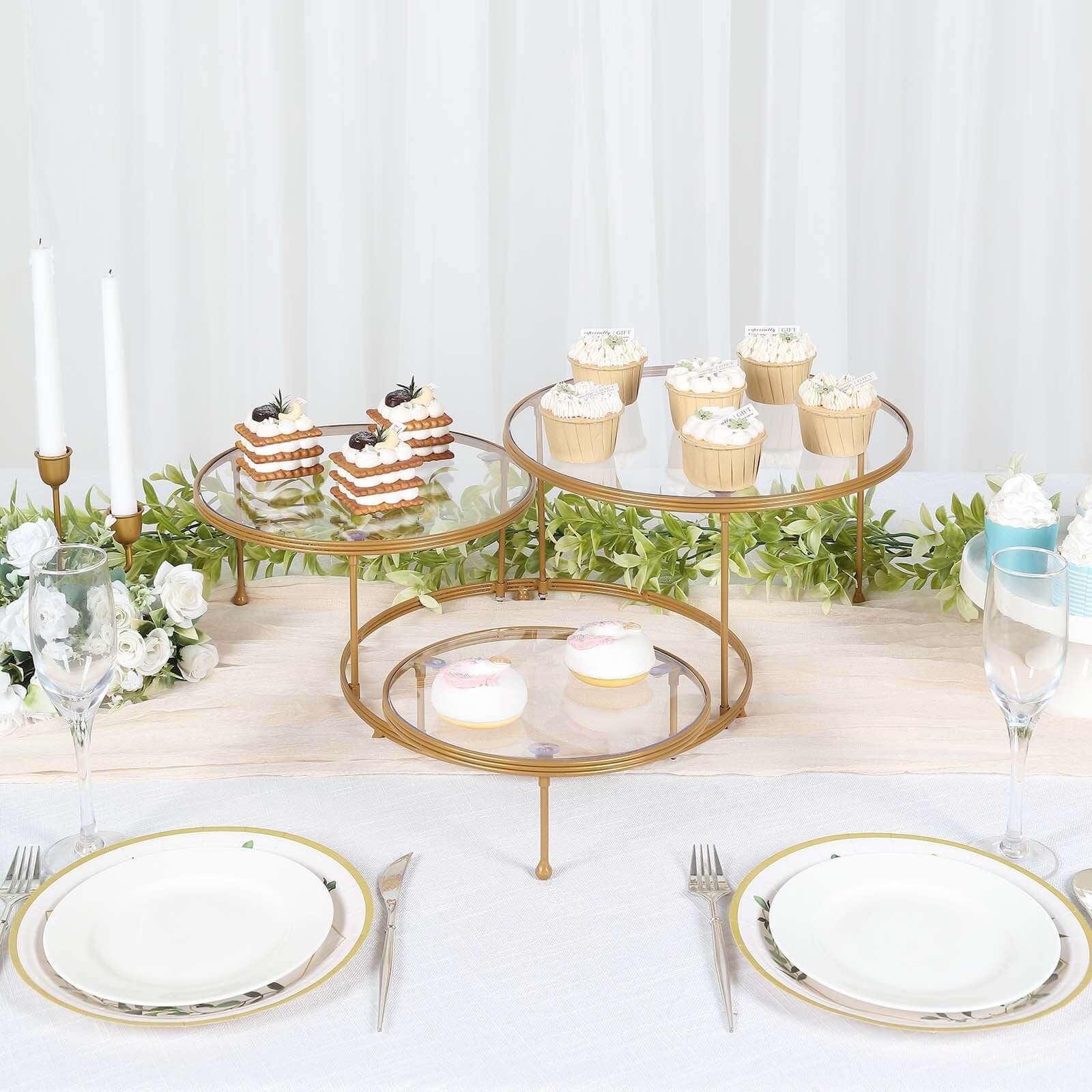 3-Tier Metal Cupcake Stand with Clear Round Acrylic Plates Gold - Dessert Cake Display Holder 23"