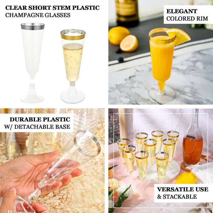 12-Pack Plastic Champagne Flutes Transparent Blush with Gold Rim - Stylish Disposable Cocktail Glasses for Parties 5oz 6"