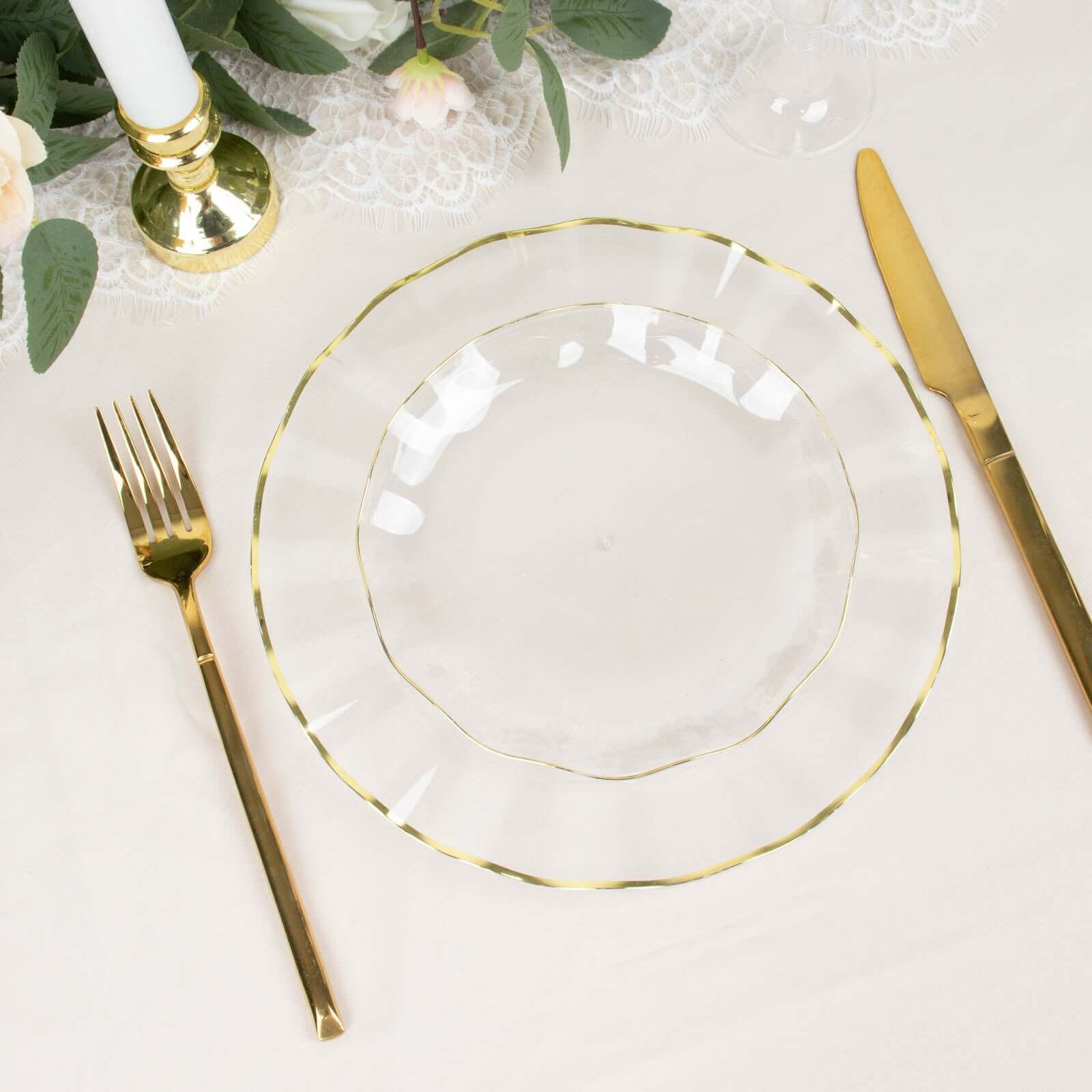 10-Pack Plastic Round 6" Dessert Plates in Clear Ruffled Rim with Gold Edging - Sturdy Disposable Salad Appetizer Dinnerware