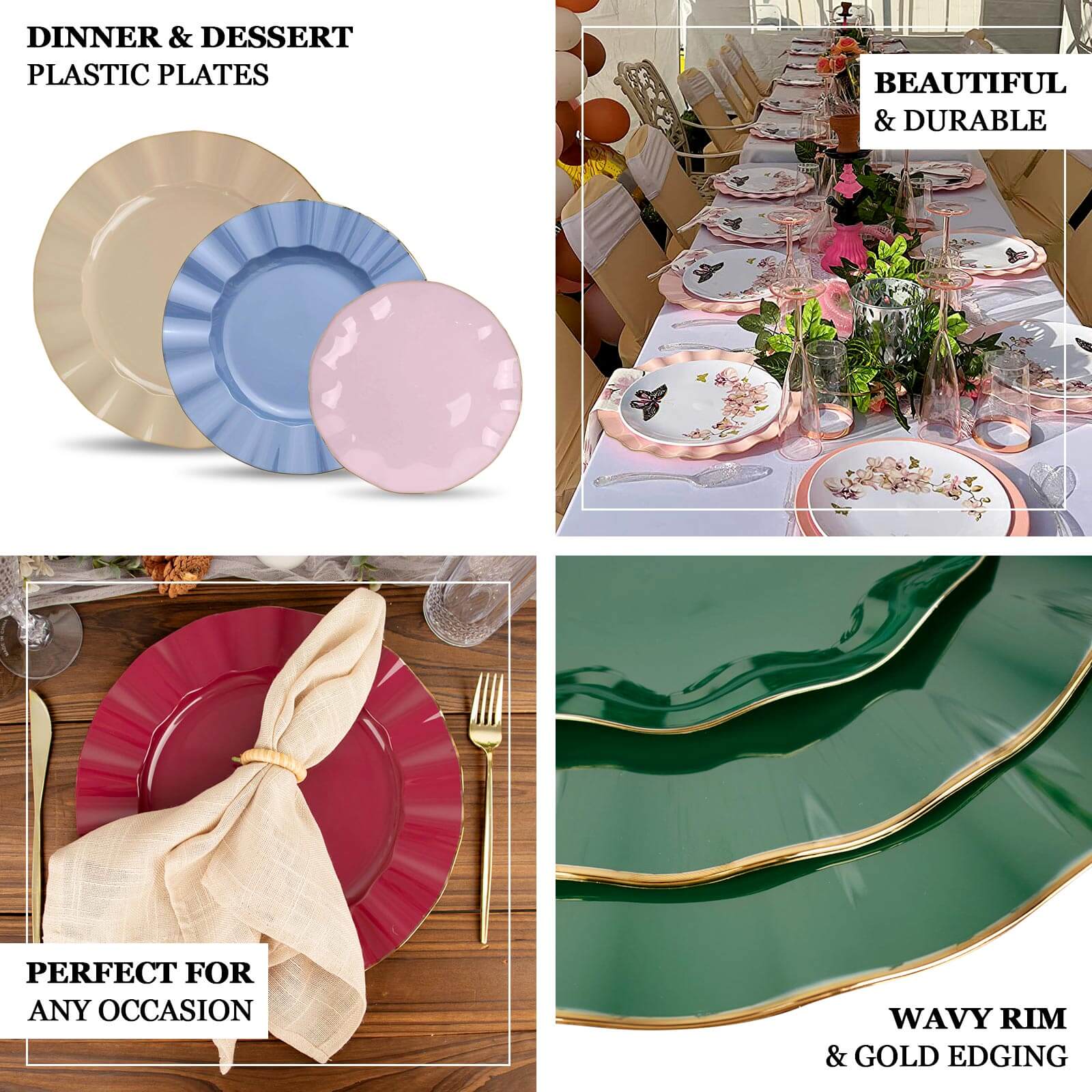 10-Pack Plastic 9" Round Dinner Plates in Clear Ruffled Rim with Gold Edging - Sturdy Disposable Dinnerware
