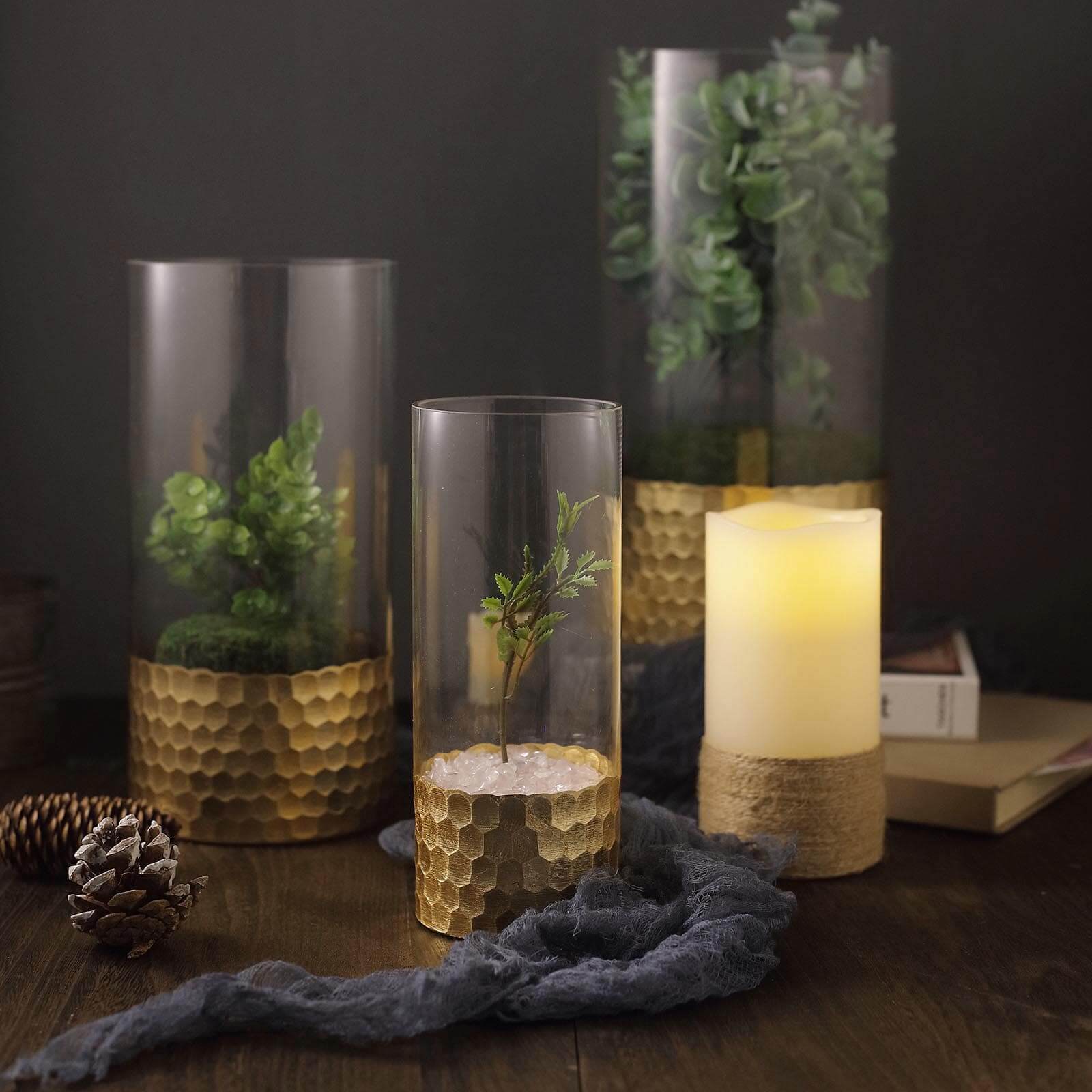 Set of 3 Clear Glass Cylinder Vases with Gold Honeycomb Base, Votive Tealight Candle Holder Set - 8",10",12"