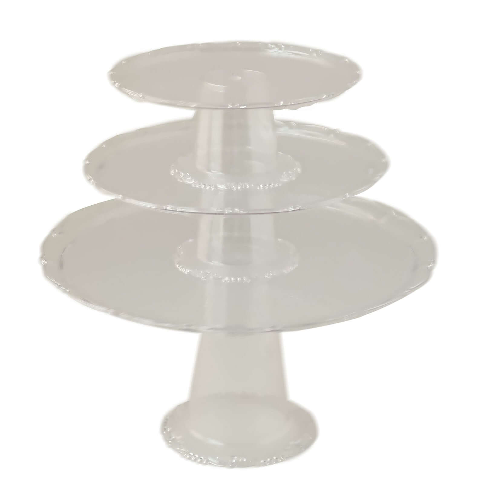 Set of 3 Plastic Round Pedestal Cake Stands Clear - Stackable Cupcake Display Holders with Scalloped Edges for Tea Parties Dessert Buffets & Banquets 9", 11", 15"