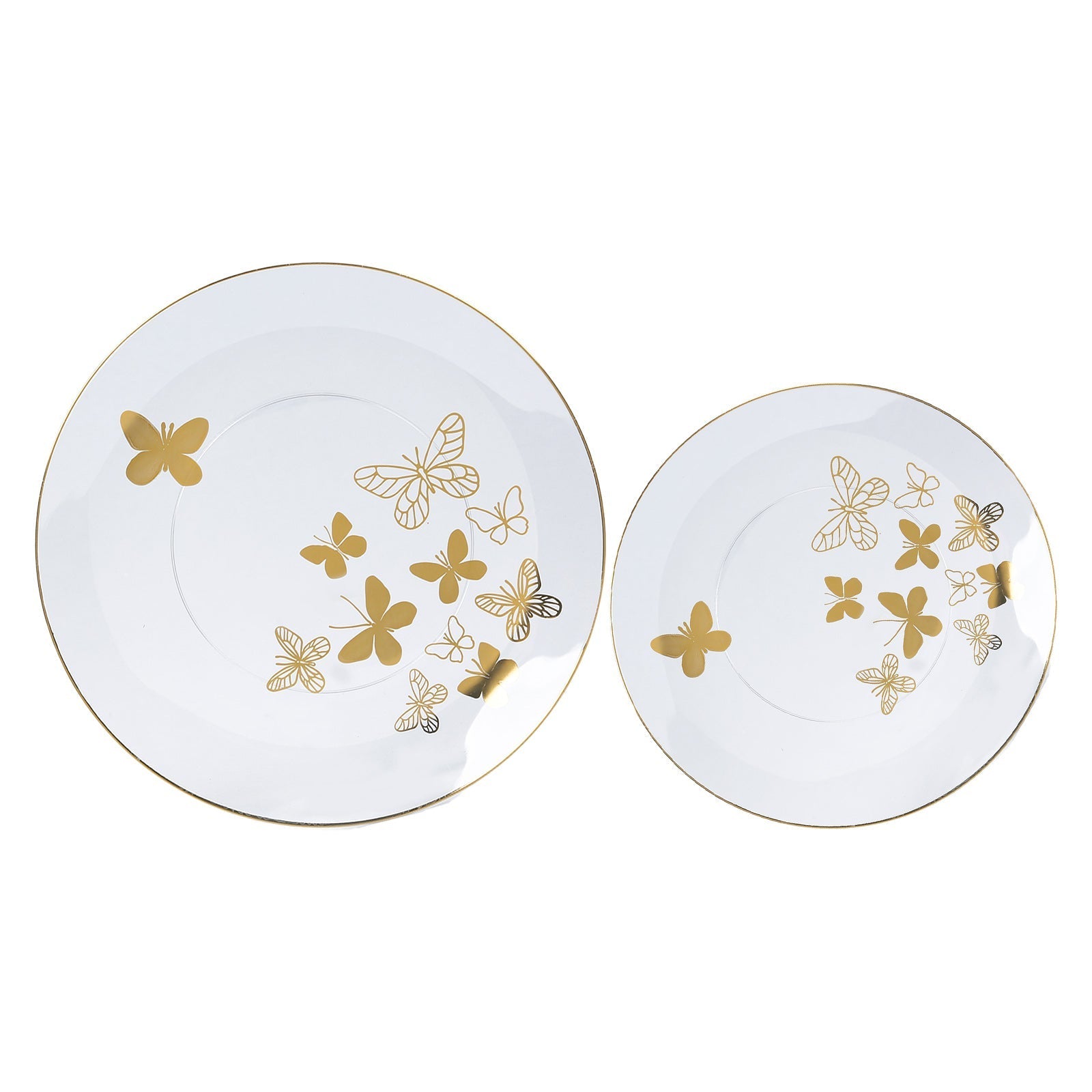 Set of 20 Plastic Round Dinner and Salad Plates in Clear with Gold Butterfly Design & Gold Rim - Stylish Disposable Dinnerware 8", 10"